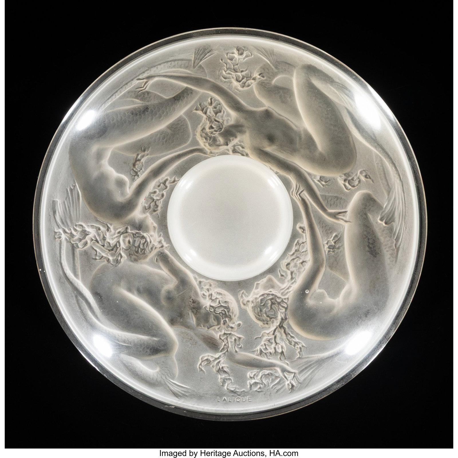 René Lalique Quatre Sirènes Inkwell, circa 192: René Lalique Quatre Sirènes Inkwell, circa 1920 Clear and frosted glass 6-1/4 inches (16 cm), M.p. 317, no. 434. Marks: