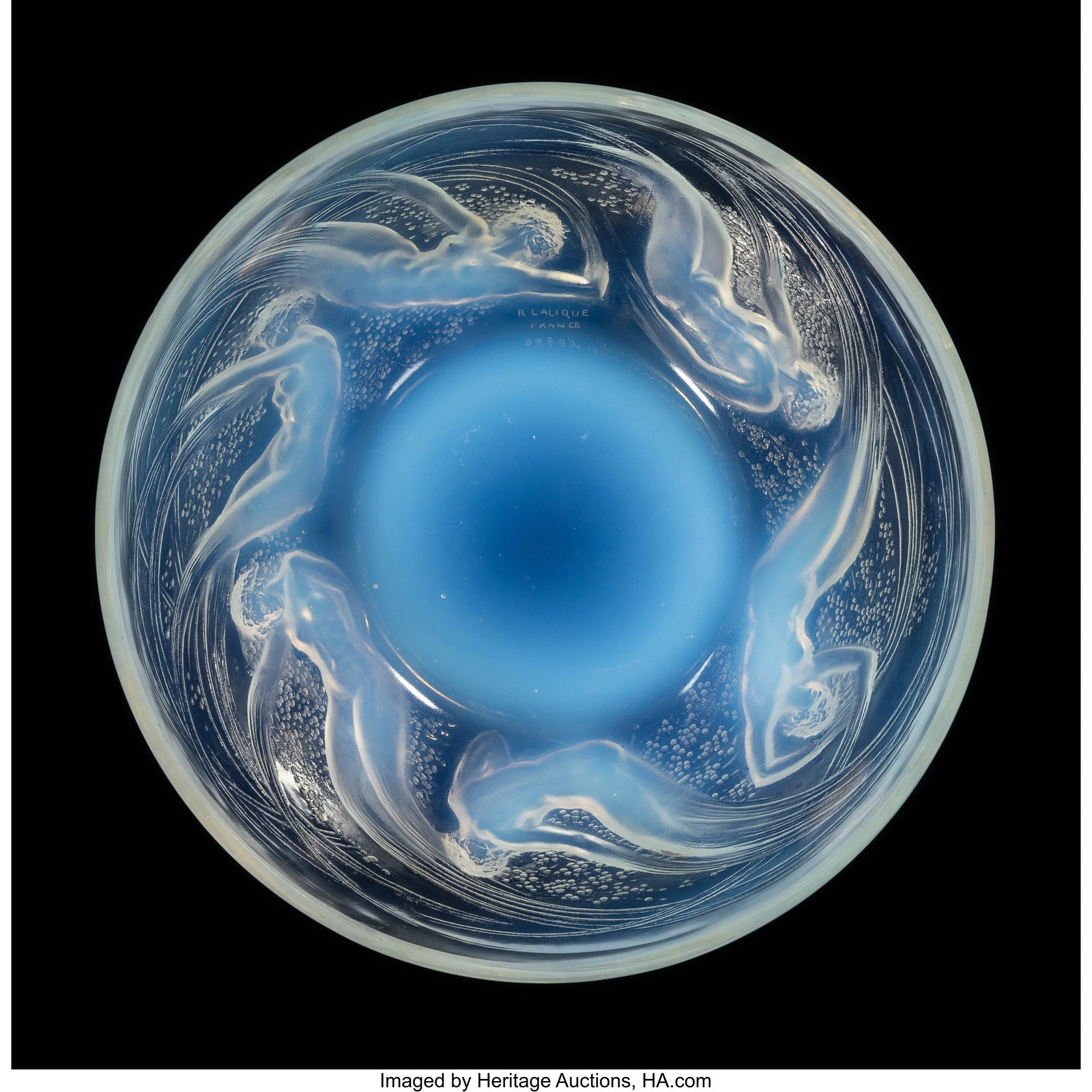 René Lalique Ondines Bowl, circa 1921 Opalescen: René Lalique Ondines Bowl, circa 1921 Opalescent glass 7-7/8 inches (20 cm), M.p. 292, no. 380. Marks: R. LALIQUE,