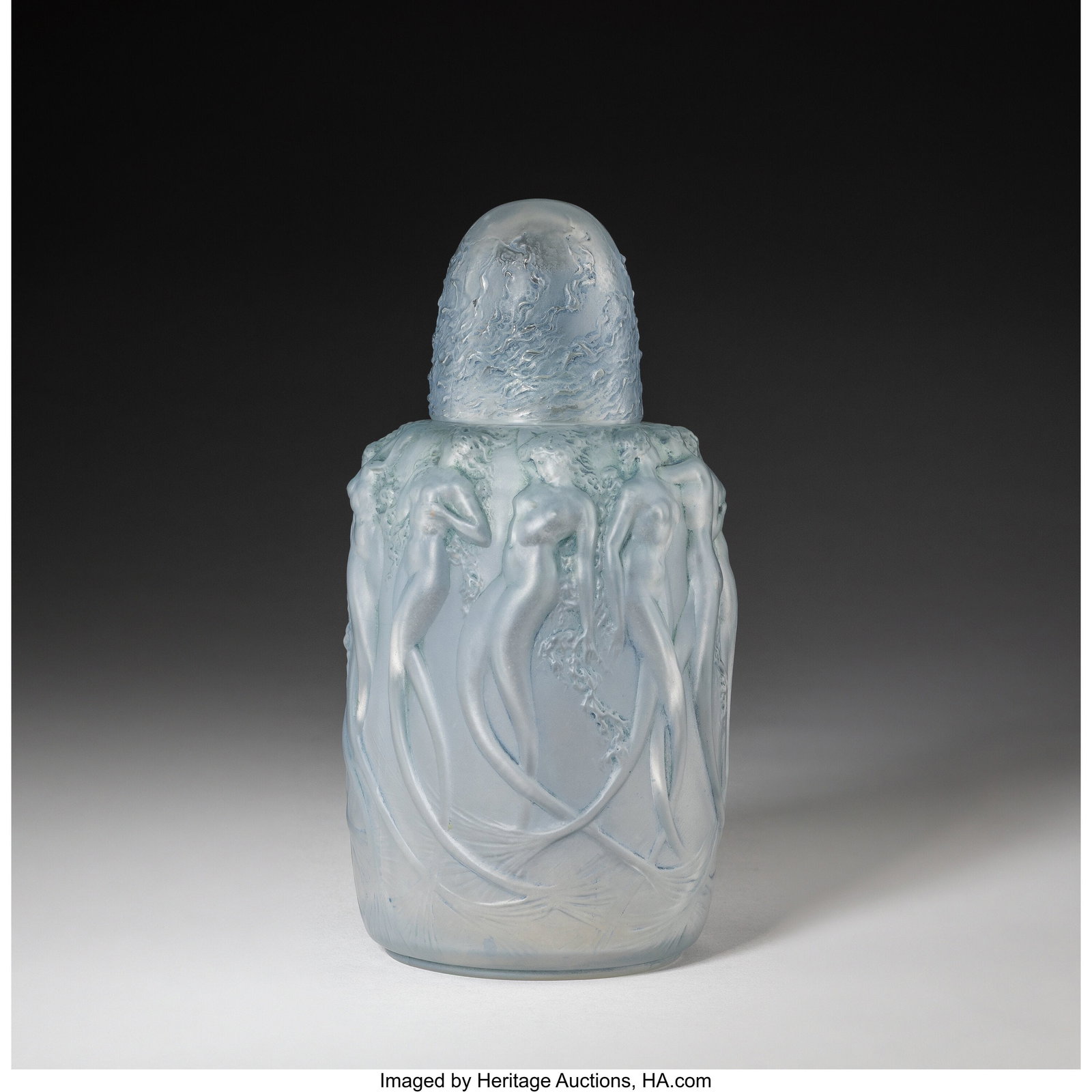 René Lalique Sirènes Perfume Burner, circa 192: René Lalique Sirènes Perfume Burner, circa 1920 Clear and frosted glass with blue patina 7-1/8 inches (18 cm), M.p. 688, no. 2651&per