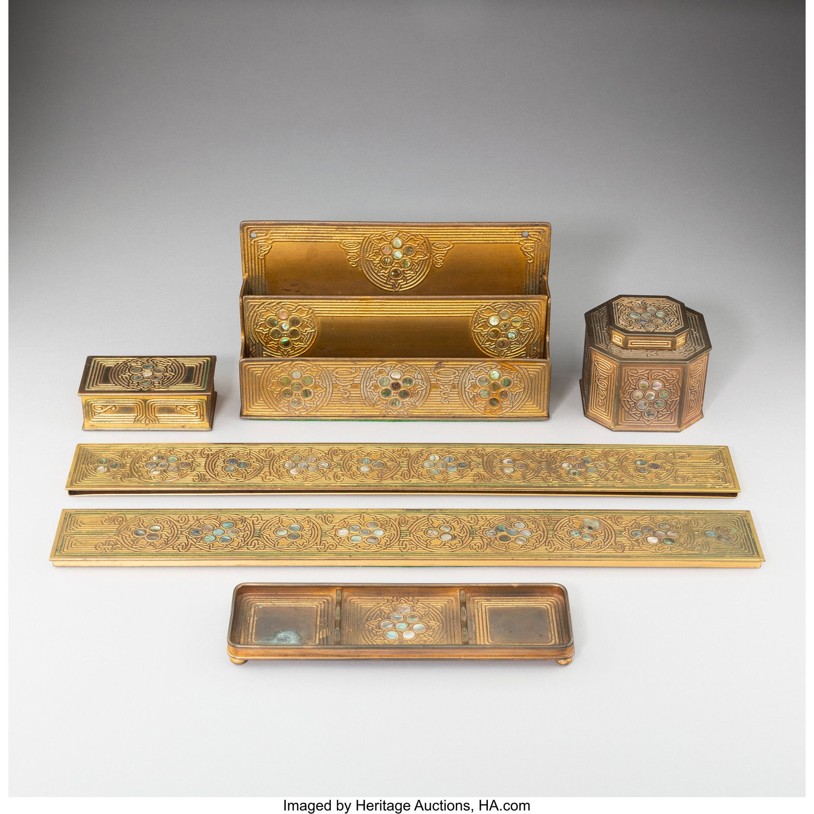 Tiffany Studios Six Abalone Desk Articles, circa: Tiffany Studios Six Abalone Desk Articles, circa 1910 Gilt and enameled bronze, abalone 5-1/2 x 9-1/4 inches (14.0 x 23.5 cm) (tallest, paper rac