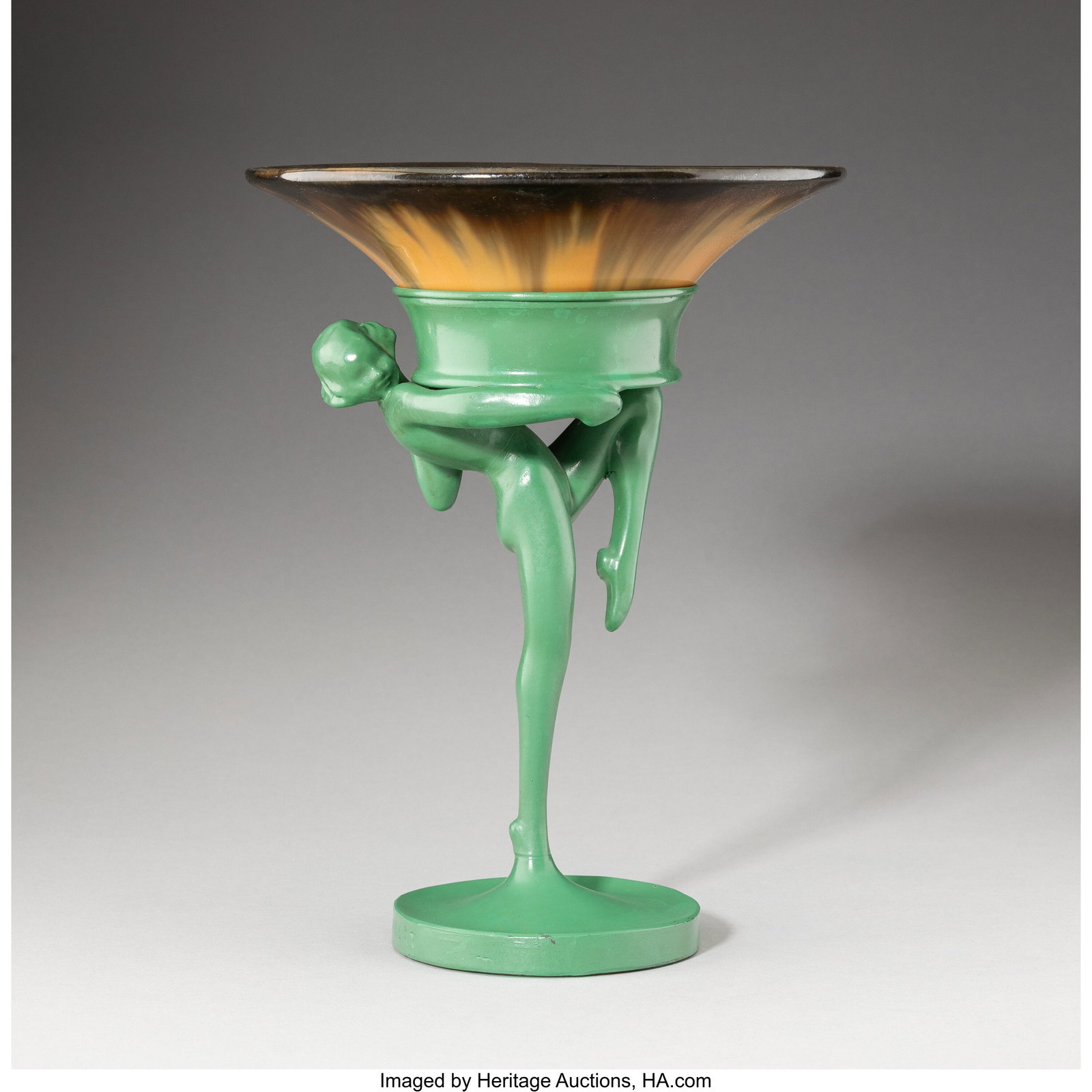 Frankart, Inc. and Fulper Pottery Figural Candy: Frankart, Inc. and Fulper Pottery Figural Candy Dish, Model CP801, circa 1930 Enameled metal, glazed ceramic 10 x 7-1/2 x 7-1/2 inches (25.4 x 19&per