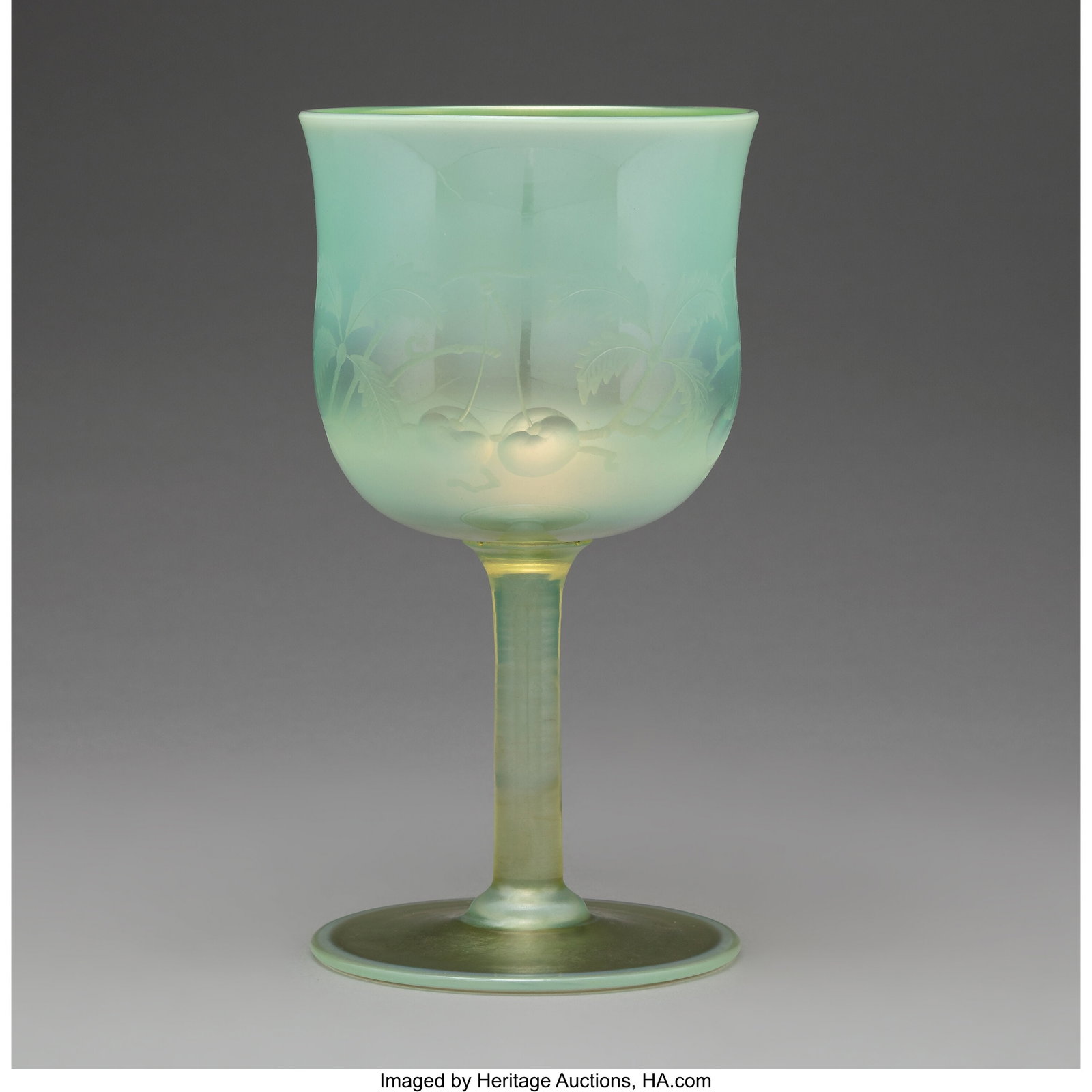 Tiffany Studios Engraved Goblet, circa 1910 Past: Tiffany Studios Engraved Goblet, circa 1910 Pastel Favrile glass 6-3/8 inches (16.2 cm) Marks: 5 - L.C.T. Favrile HID03101062020 © 2026 Herit