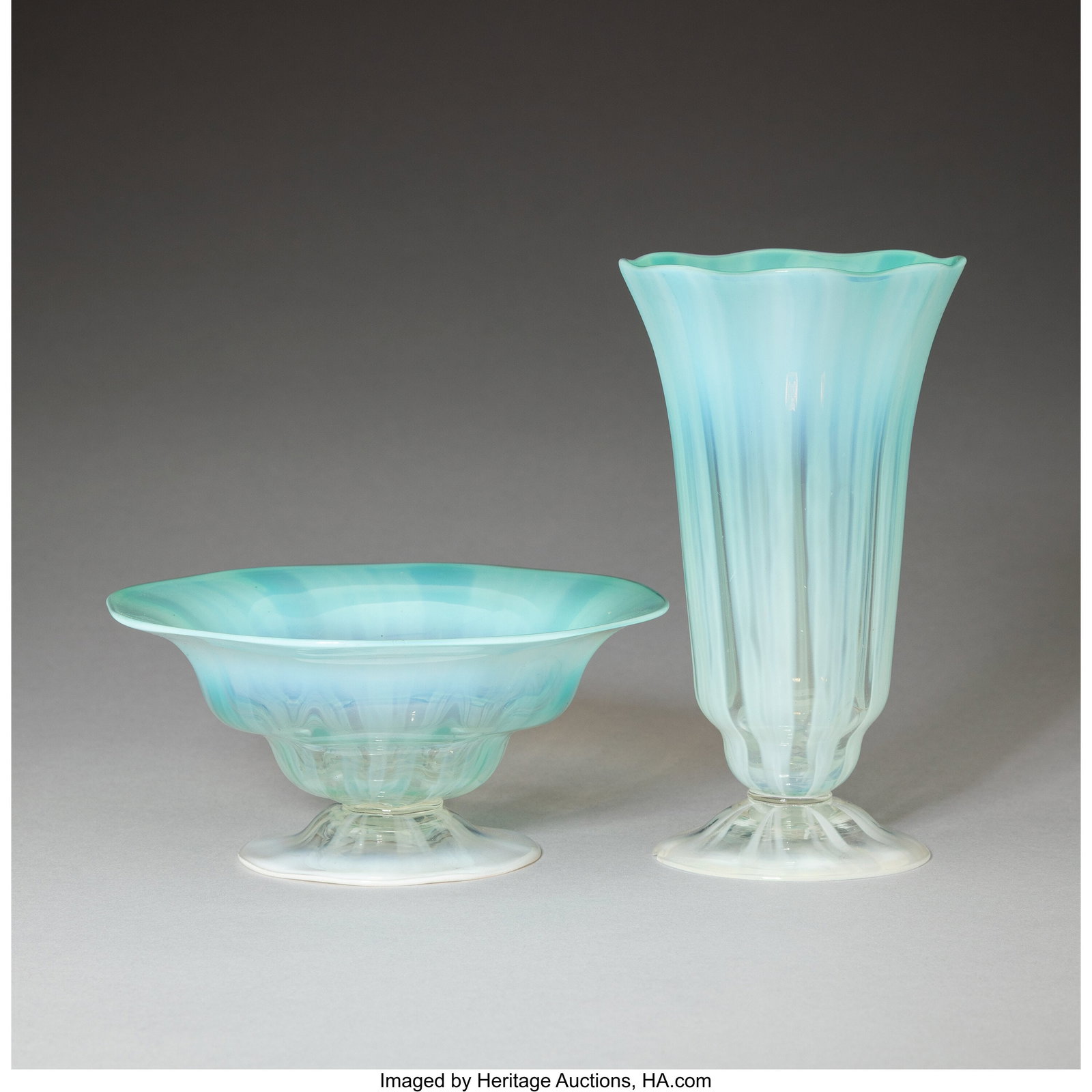 Tiffany Studios Goblet and Bowl, circa 1910 Past: Tiffany Studios Goblet and Bowl, circa 1910 Pastel Favrile glass 5-1/8 inches (13.0 cm) (tallest, goblet) Marks: L.C.T. Favrile HI