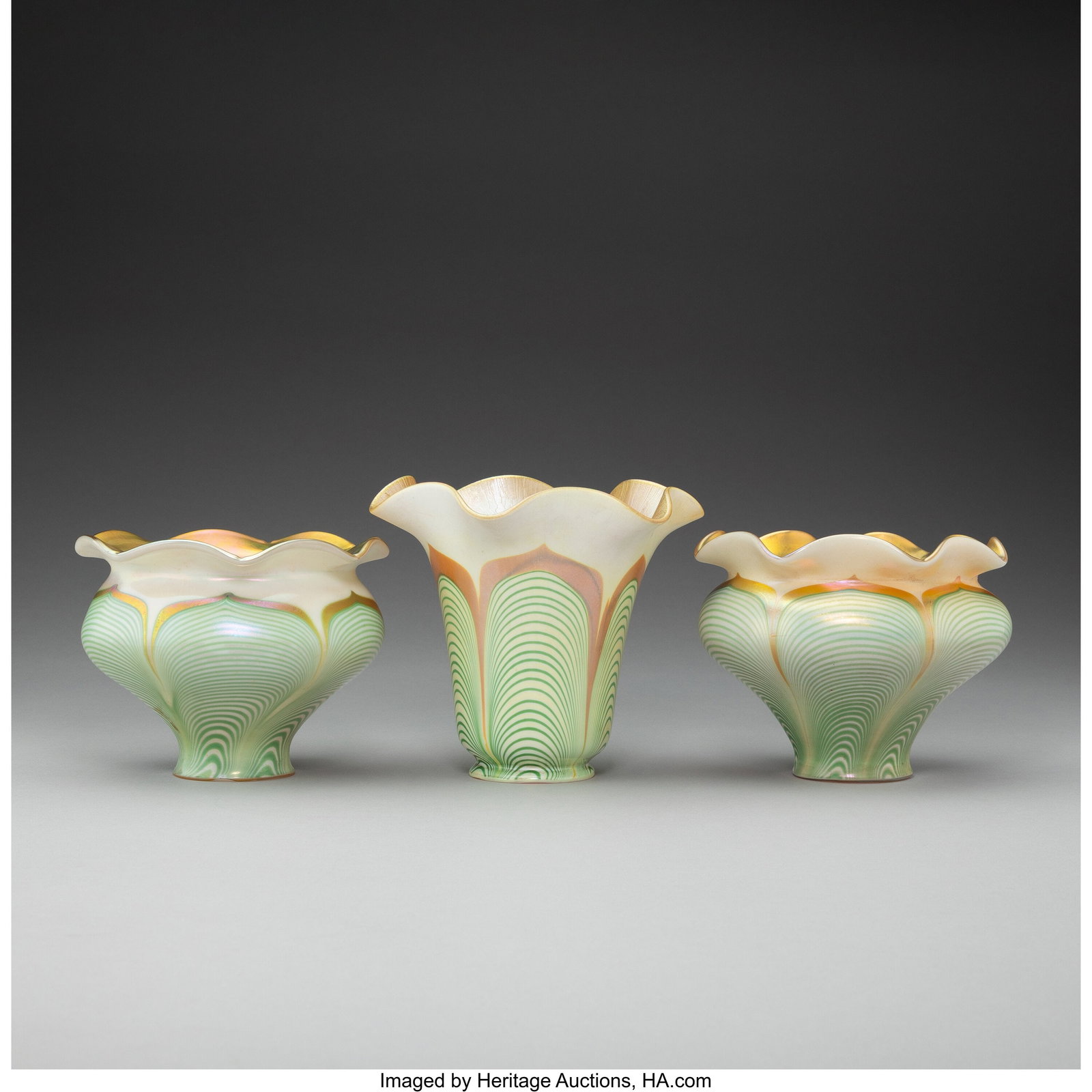 Quezal Three Pulled Feather Shades, circa 1905 I (1 of 2)