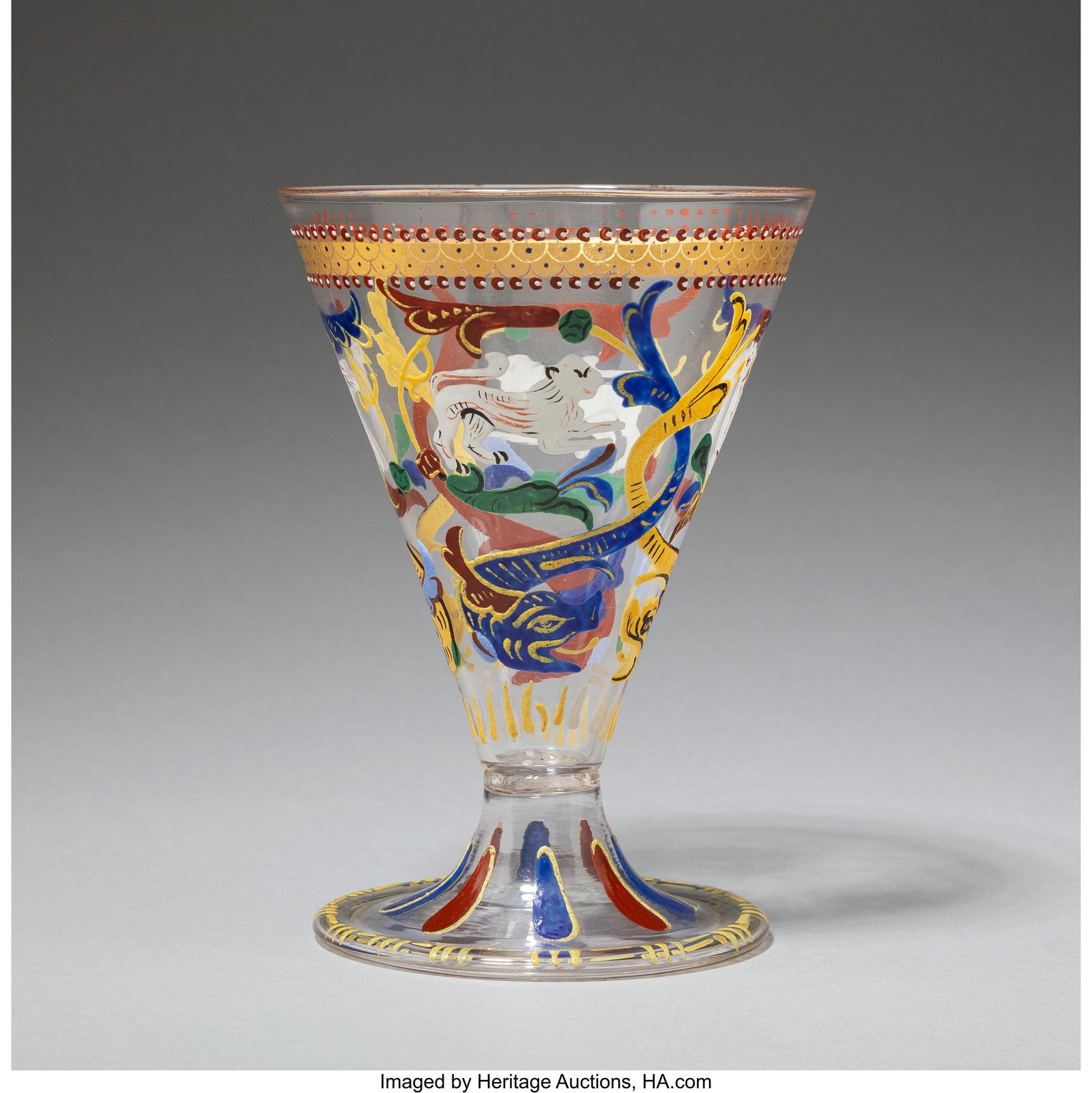 Francesco Toso Borella Campanile Cup, circa 1880: Francesco Toso Borella Campanile Cup, circa 1880 Venice and Murano Glass and Mosaic Co. Ltd. Enameled and gilt glass 5-5/8 inches (14.3 cm) PROVENANCE: B