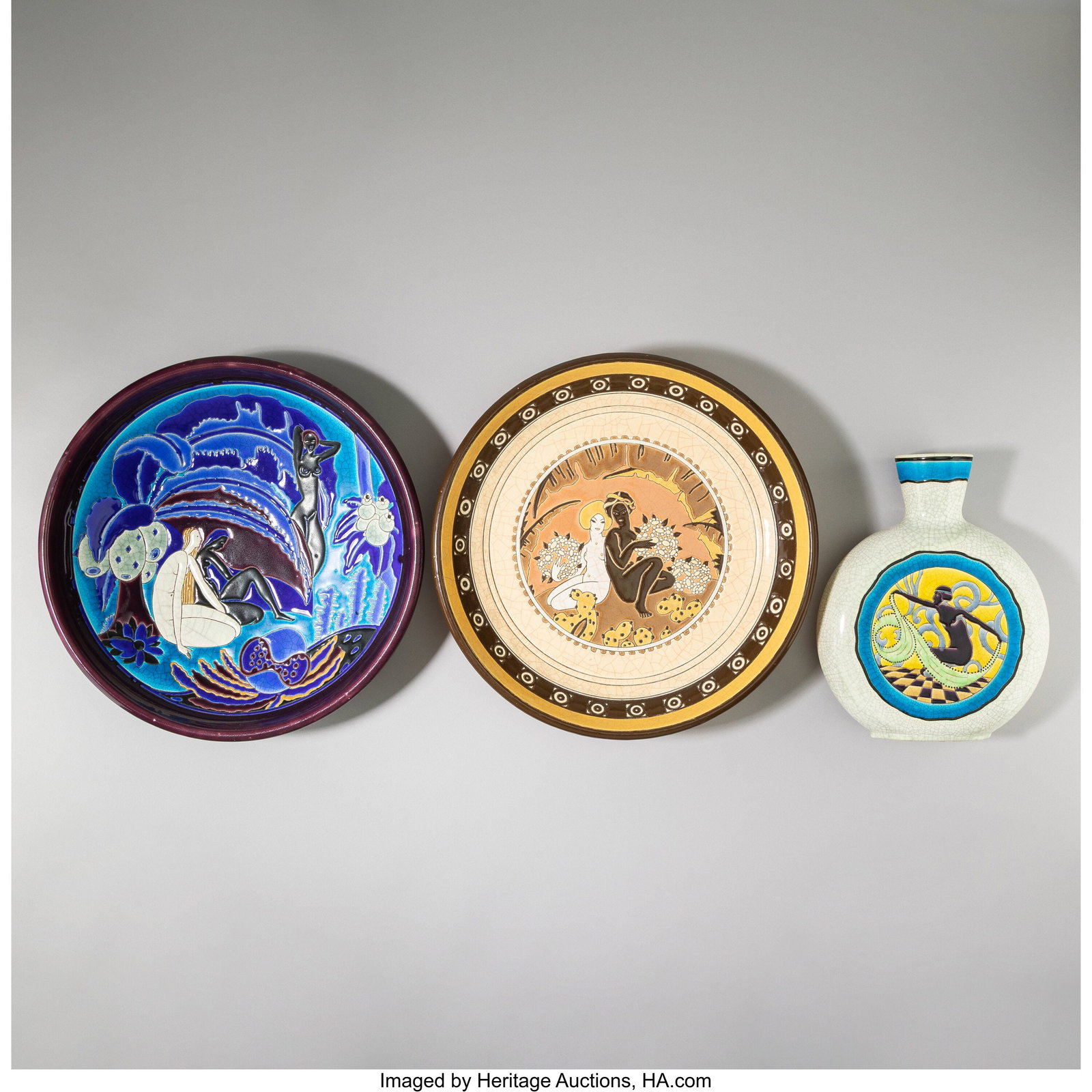 Longwy Pottery Vase & Two Figural Platters, circ (1 of 3)