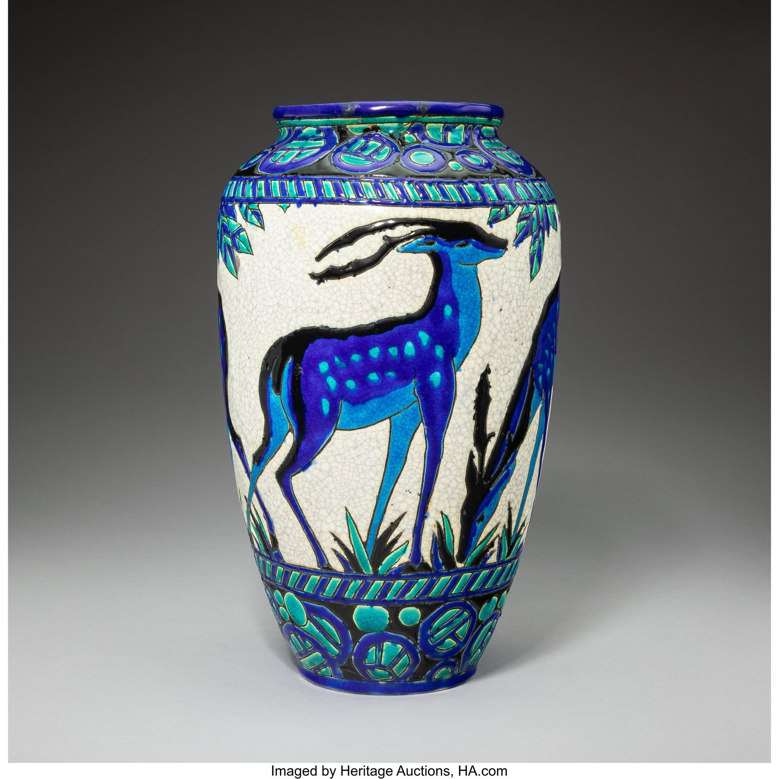 Charles Catteau for Boch Frères Deer Vase, circ: Charles Catteau for Boch Frères Deer Vase, circa 1930 Glazed earthenware 13 inches (33.0 cm) Marks: D. 943., Ch Catteau, MADE IN BELGIUM B