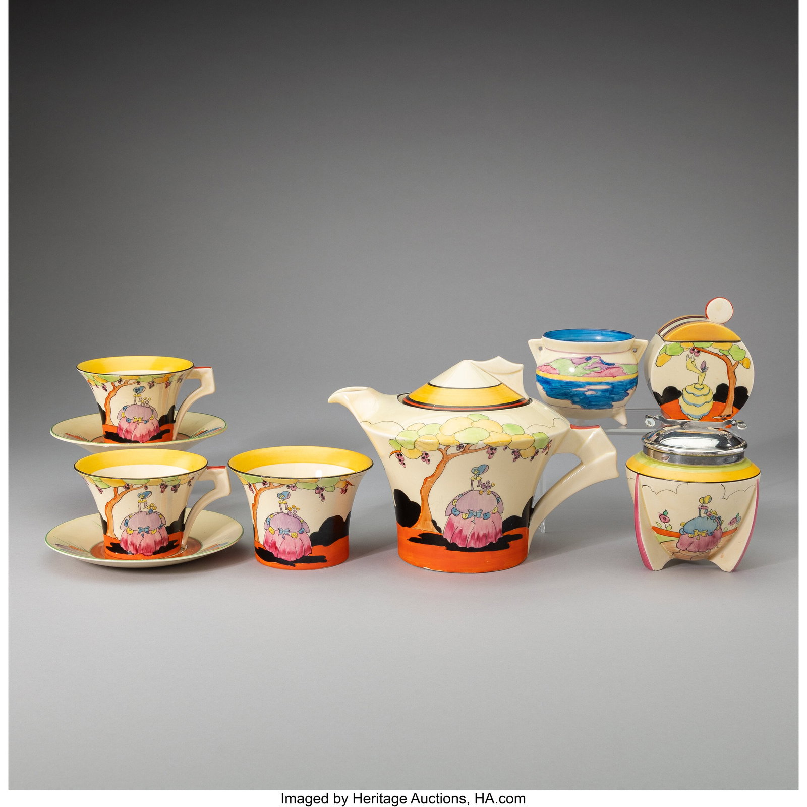 Clarice Cliff Nine-Piece Tea Set, circa 1930 Gla (1 of 3)