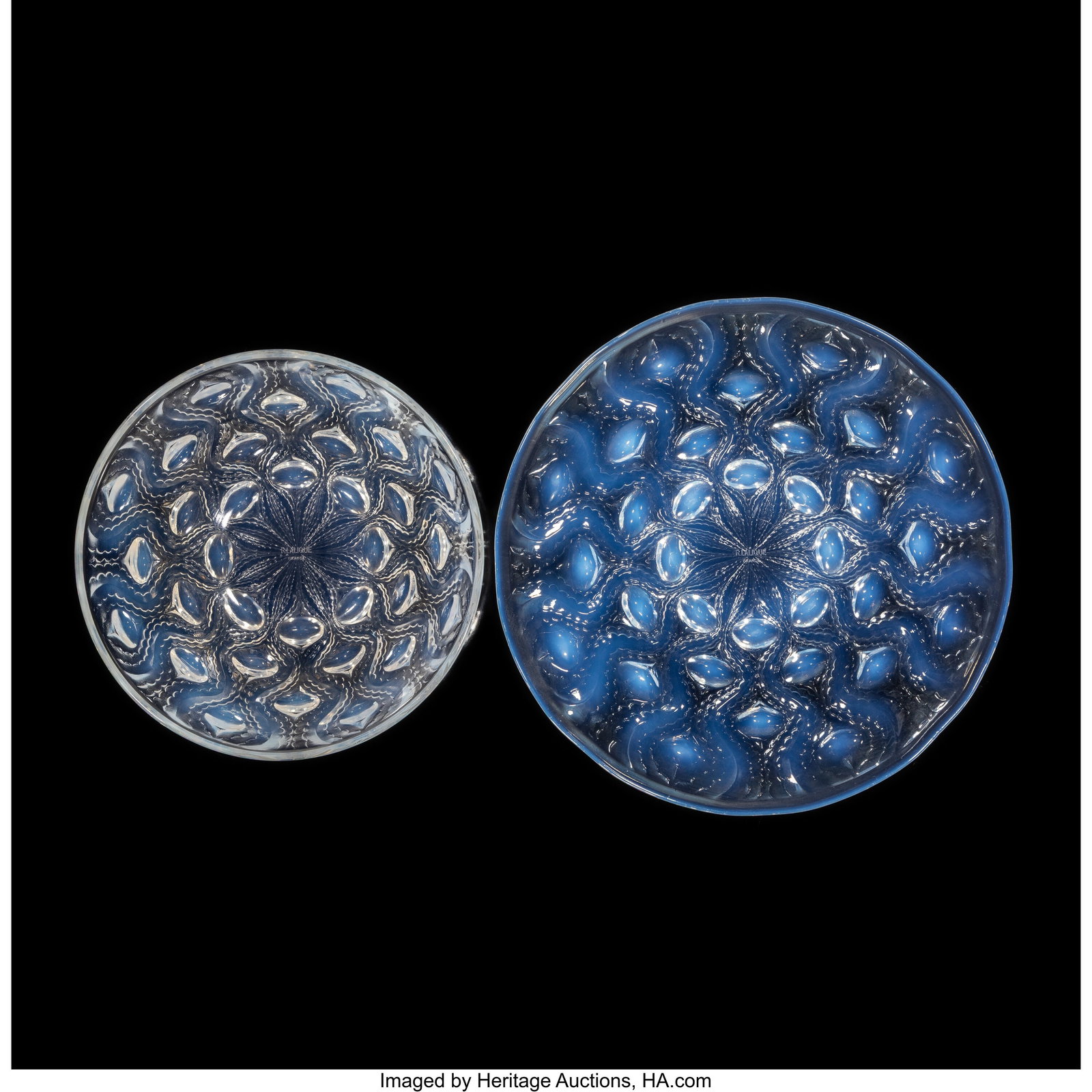 René Lalique Bulbes Bowl and Underplate, circa: René Lalique Bulbes Bowl and Underplate, circa 1935 Opalescent glass 10-5/8 inches (27 cm) (largest, plate), M.p. 722, no. 1