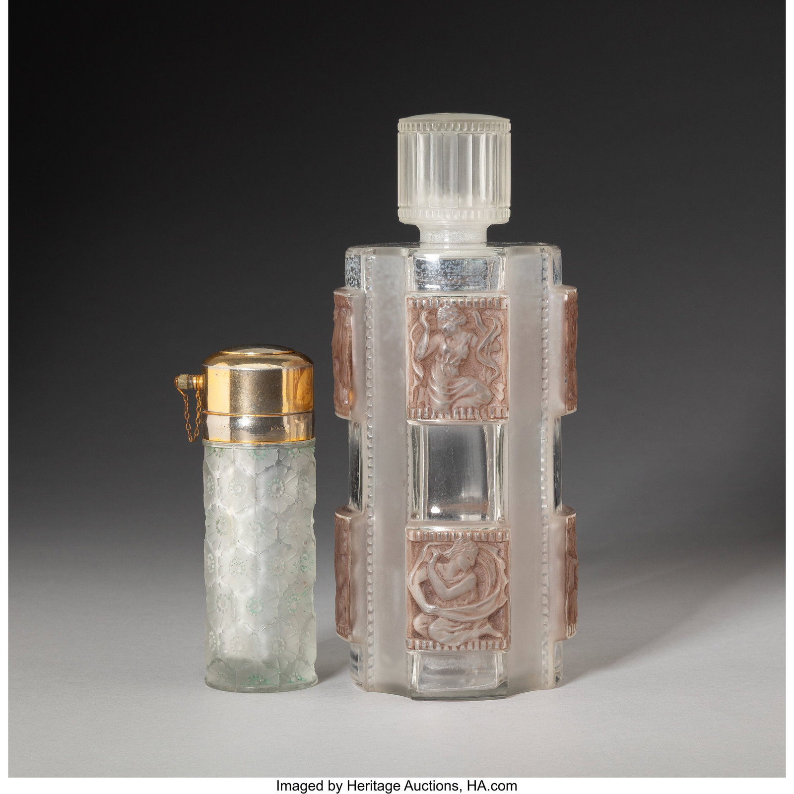 René Lalique Hélène & Sussfeld-2 Perfume Bott: René Lalique Hélène & Sussfeld-2 Perfume Bottles, circa 1942 Clear, frosted, and patinated glass 9 inches (23 cm) (tallest), M&peri