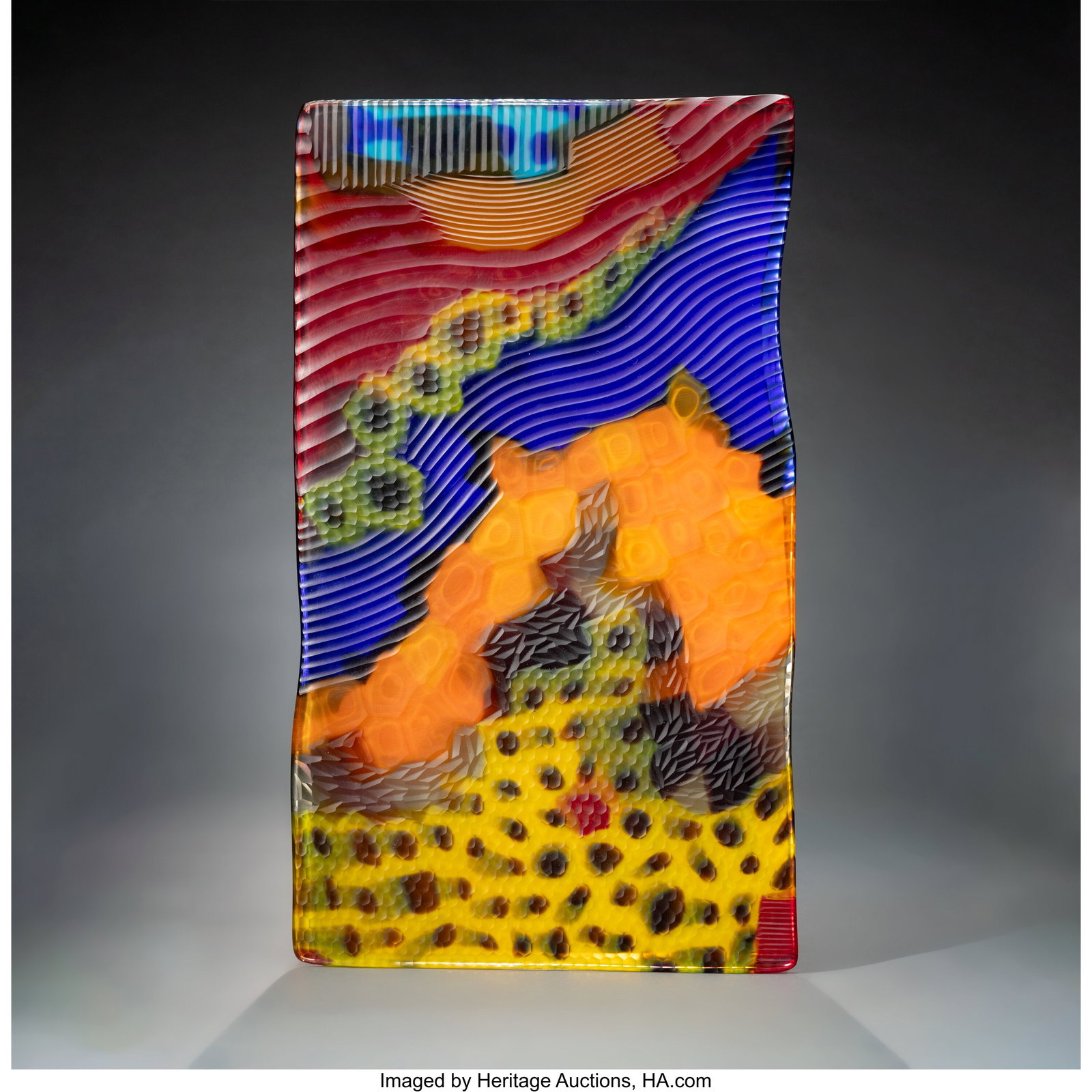 Lino Tagliapietra Venice Panel, 2011 Glass, batt: Lino Tagliapietra Venice Panel, 2011 Glass, battuto and inciso surface 23-3/4 x 13-3/4 x 0-3/4 inches (60.3 x 34.9 x 1.9 cm) Etched to edge: Lino Tagliapietra, 2011 K PROVENANCE: Heller Gallery, New Y