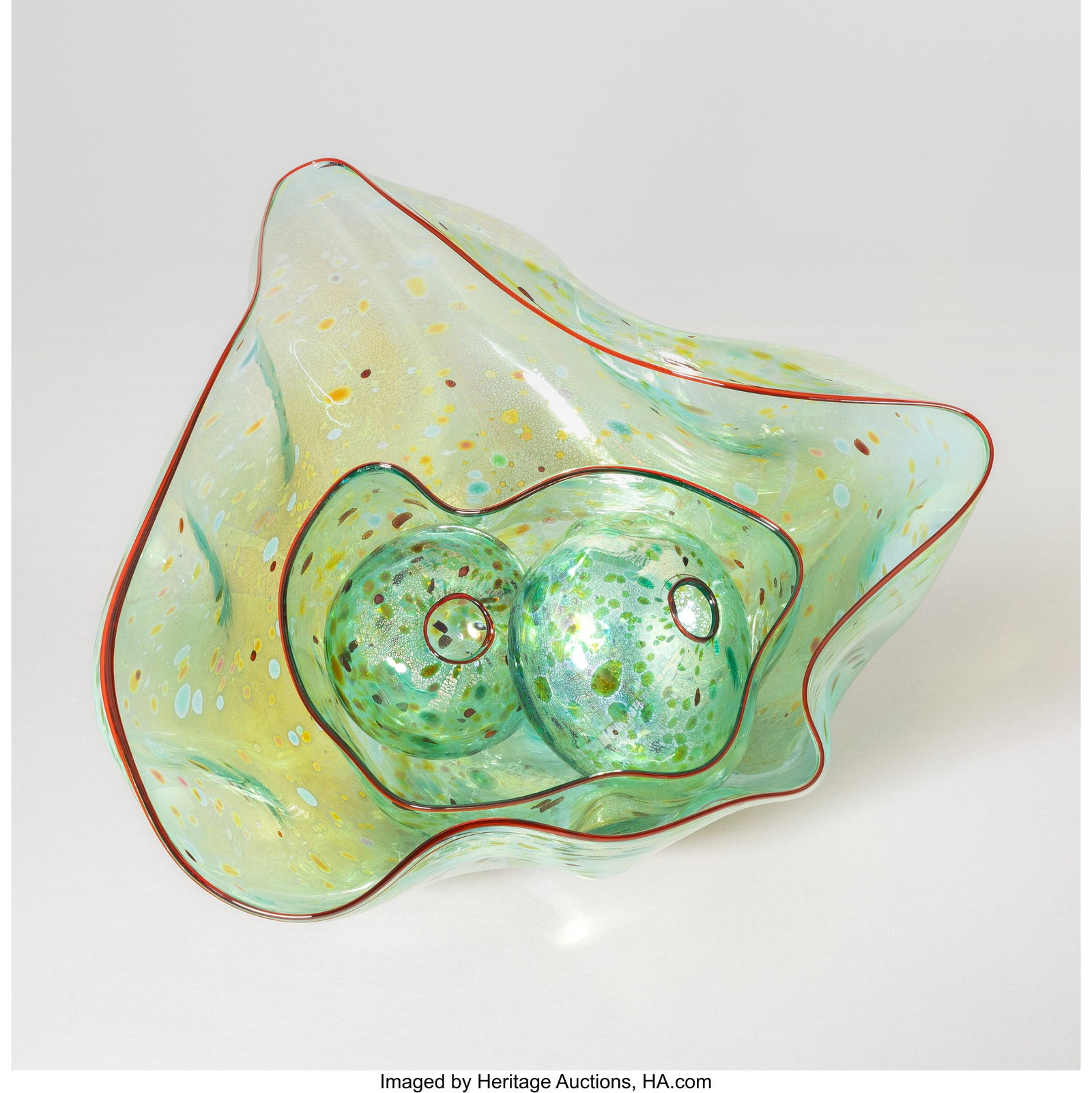 Dale Chihuly Pale Green Nile Baskets with Red Li: Dale Chihuly Pale Green Nile Baskets with Red Lip Wraps, Four-Piece Set, 1993 Blown glass 6-3/4 x 14-1/4 x 13 inches (17.1 x 36.2 x 33.0 cm) (la