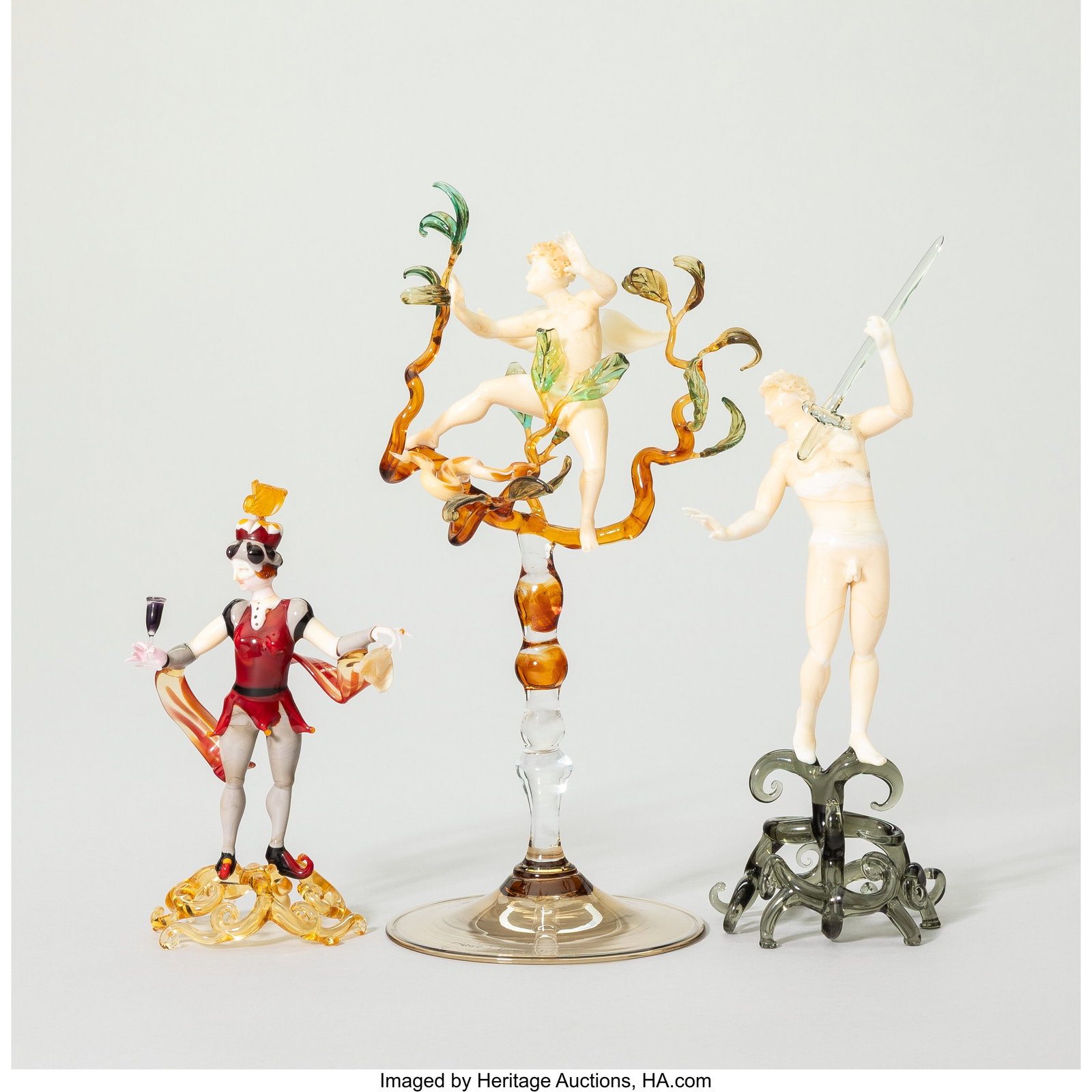 Lucio Bubacco Group of Three Works, late 20th c: Lucio Bubacco Group of Three Works, late 20th century Lampworked glass 9-1/2 x 4-3/4 x 4 inches (24.1 x 12.1 x 10.2 cm) (tallest, figural group&