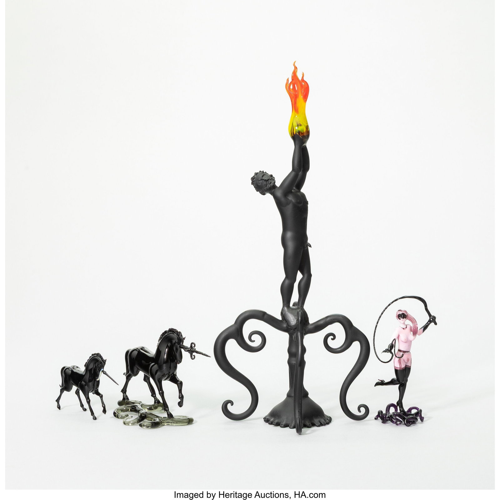 Lucio Bubacco Group of Five Works, late 20th cen: Lucio Bubacco Group of Five Works, late 20th century Lampworked Glass 12-1/8 x 4-1/8 x 5-3/4 inches (30.8 x 10.5 x 14.6 cm) (tallest, male f