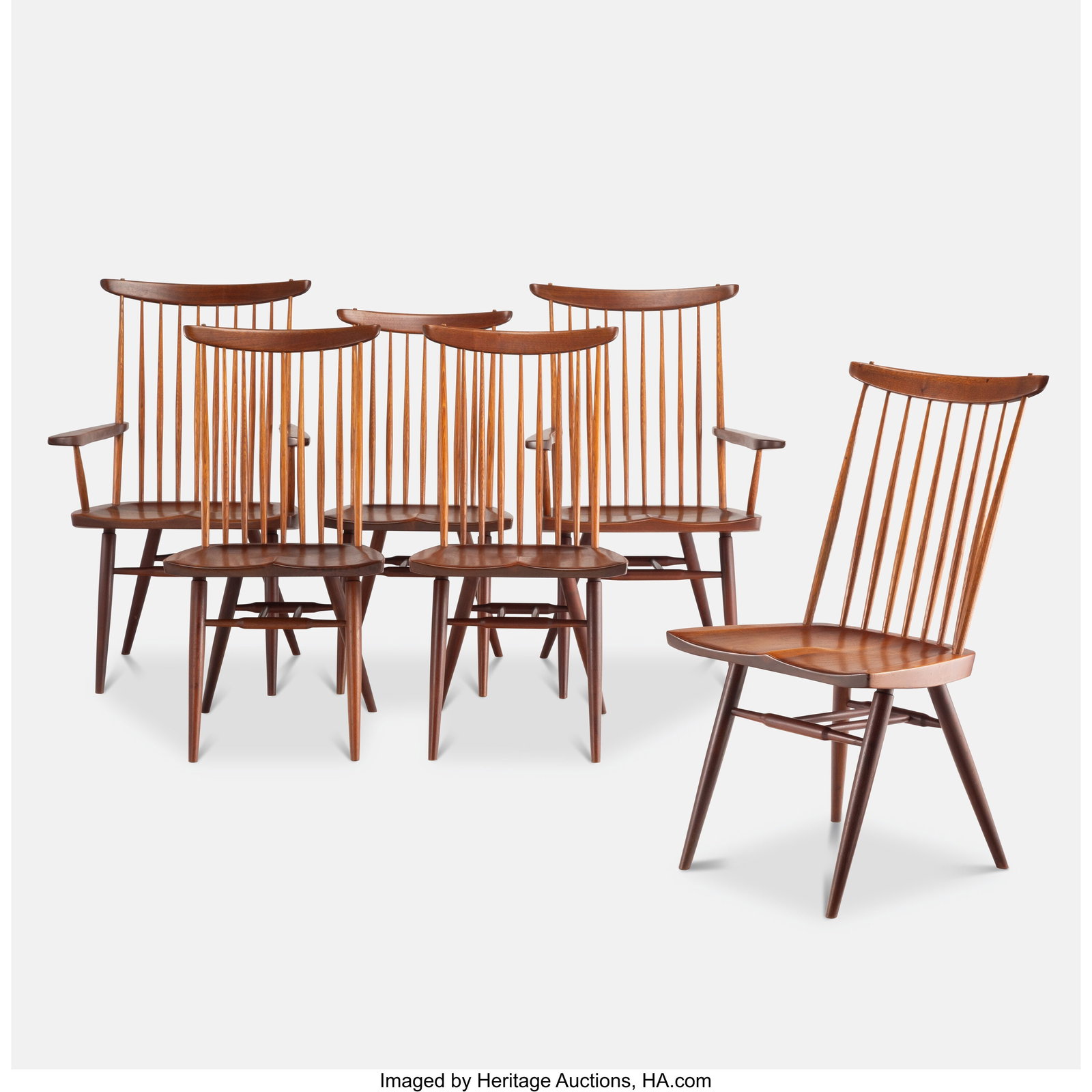 George Nakashima Set of Six New Chairs, Includin: George Nakashima Set of Six New Chairs, Including Two Armchairs, 1967-1968 American black walnut, hickory 38-7/8 x 24-5/8 x 17-1/8 inches (98.7 x 62.5