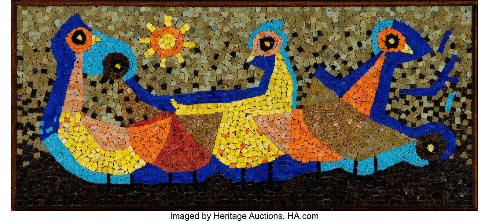 Evelyn Ackerman Rare Birds in Sun Mosaic, Model: Evelyn Ackerman Rare Birds in Sun Mosaic, Model 502A, 1958 ERA Industries Glass tile, Masonite, lacquered wood 16-5/8 x 36-3/4 inches (42.2 x 93.3 cm