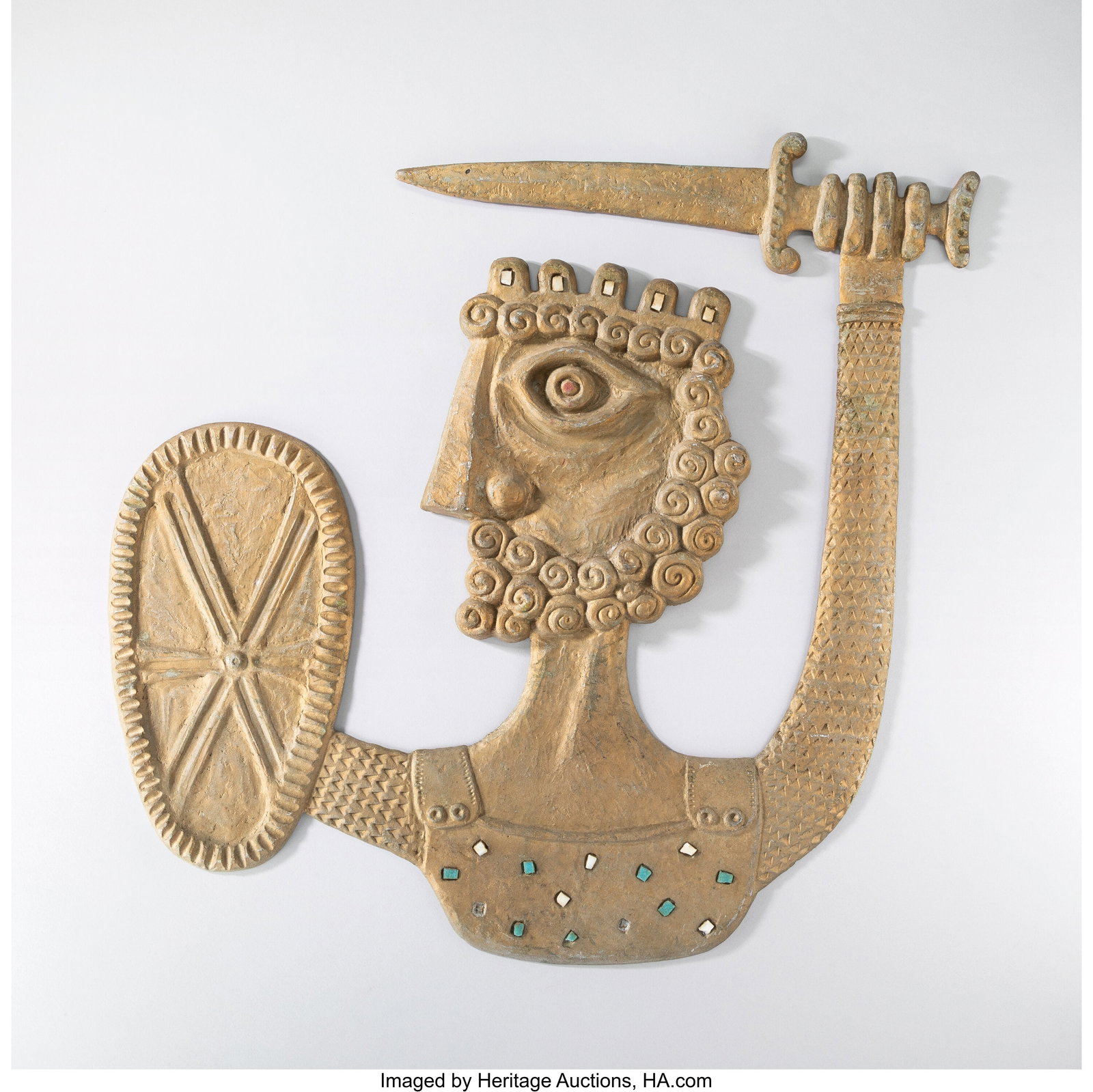 Evelyn & Jerome Ackerman Rare Warrior King Wall: Evelyn & Jerome Ackerman Rare Warrior King Wall Sculpture, Model 802, designed 1955 Hand cast aluminum with hand rubbed antique gold finish, glass tile 26 x 24 x 1-1/8 inches (66.0 x 61.0 x 2.9 cm) LI