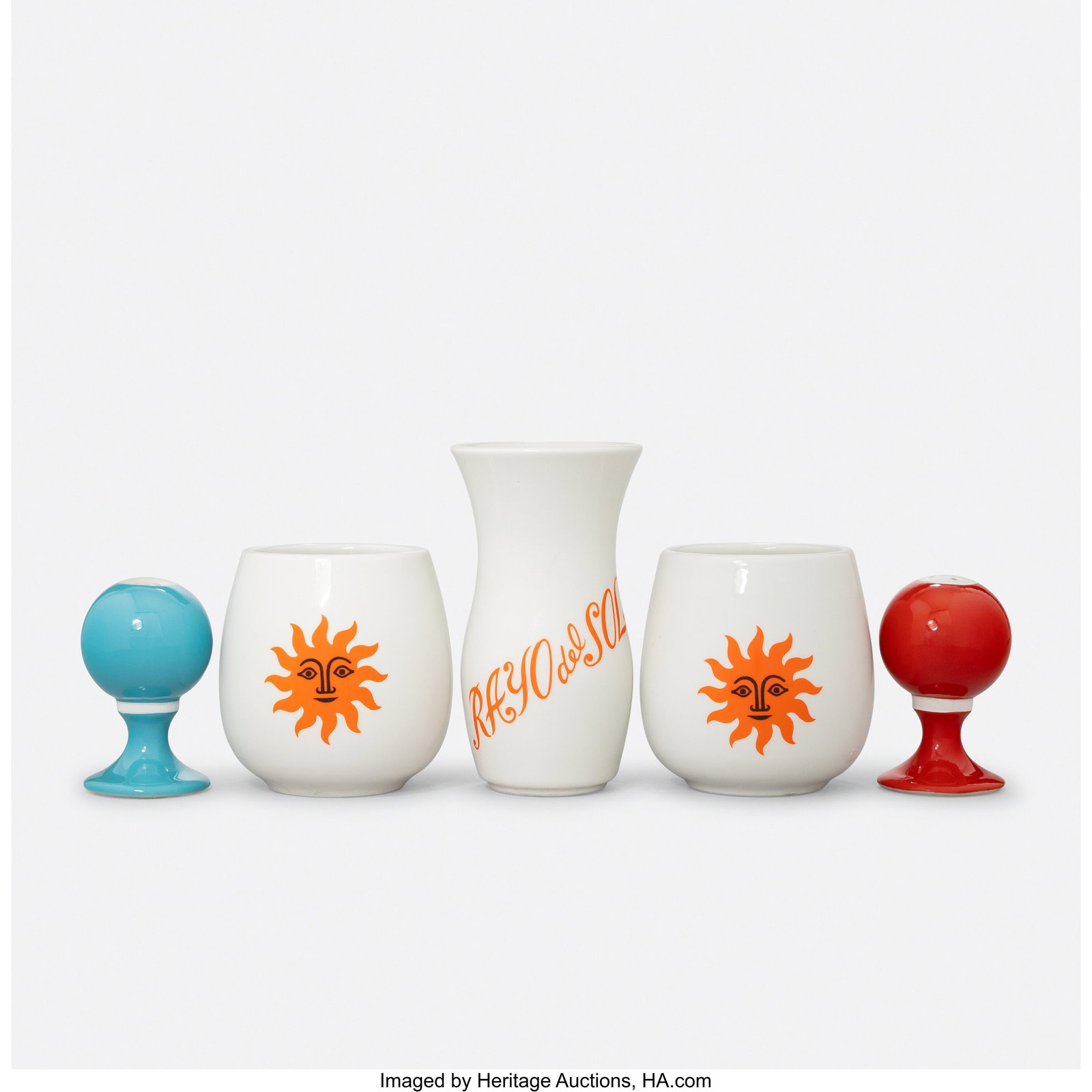 Alexander Girard Five Table Articles from La Fon: Alexander Girard Five Table Articles from La Fonda Del Sol, circa 1960 Mayer China Glazed earthenware 5-3/8 x 3 x 3 inches (13.7 x 7.6 x 7.6 cm) Stamped to und