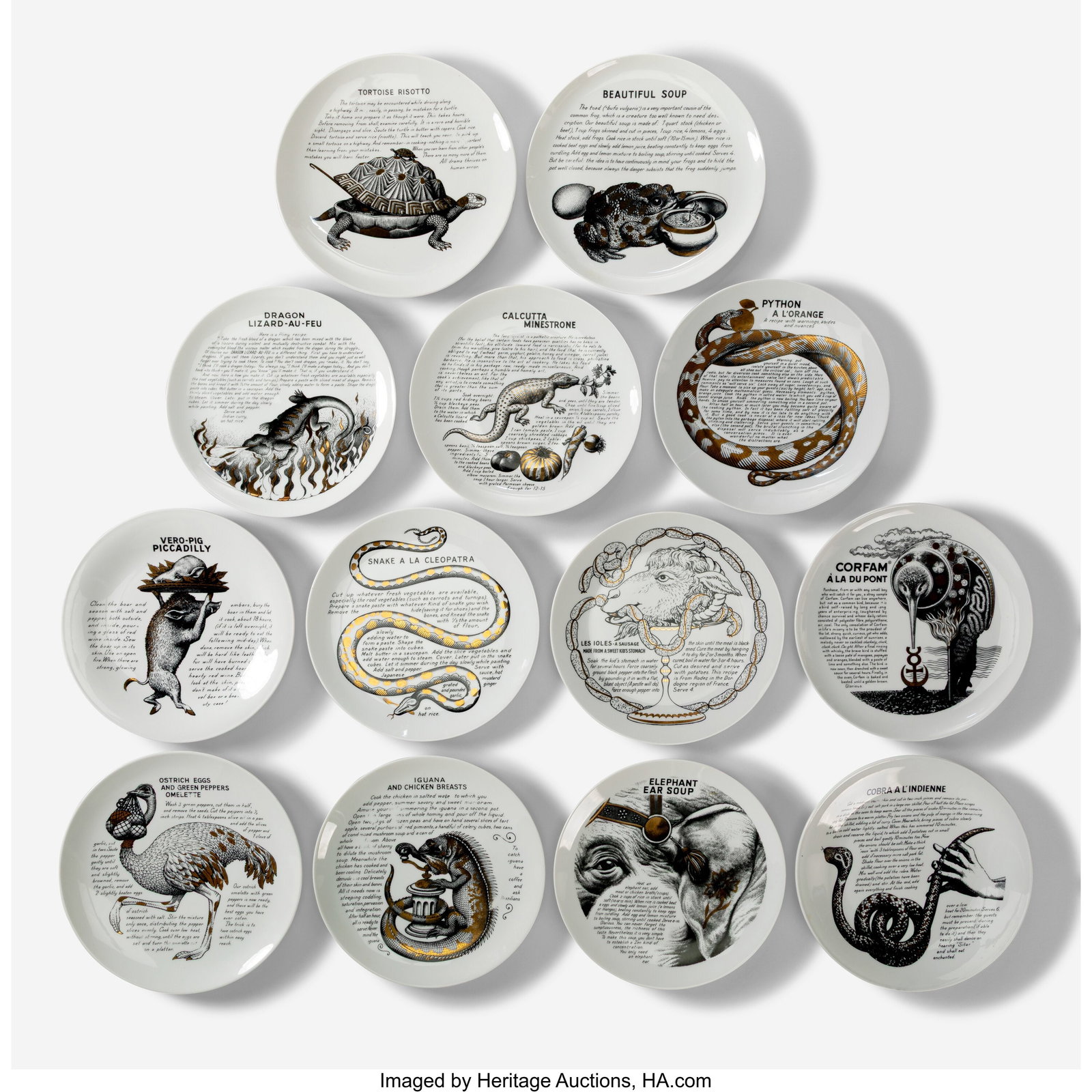 Piero Fornasetti Set of Thirteen Fleming Joffe I: Piero Fornasetti Set of Thirteen Fleming Joffe Improbable Recipe Plates, circa 1960 Transfer-printed porcelain 10-1/4 x 10-1/4 x 1 inches (26.0 x 26.0 x 2.5 cm&