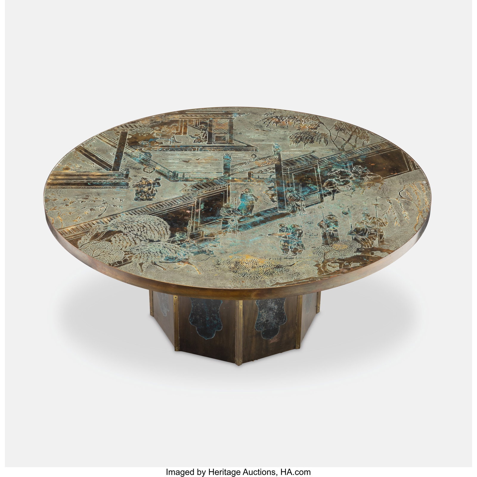 Philip and Kelvin LaVerne Chan Coffee Table, ci: Philip and Kelvin LaVerne Chan Coffee Table, circa 1965 Engraved, patinated bronze and pewter with hand-painted enamels 17-1/4 x 42-1/4 x 42-1/4 inches (43.8 x 107&