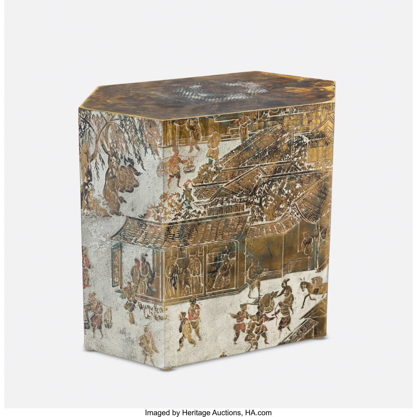 Philip and Kelvin LaVerne Lo Ta Hexagonal Cube S: Philip and Kelvin LaVerne Lo Ta Hexagonal Cube Side Table, circa 1965 Engraved, patinated bronze and pewter with hand-painted enamels 15-3/4 x 18 x 10 inches (40.0 x 45&per