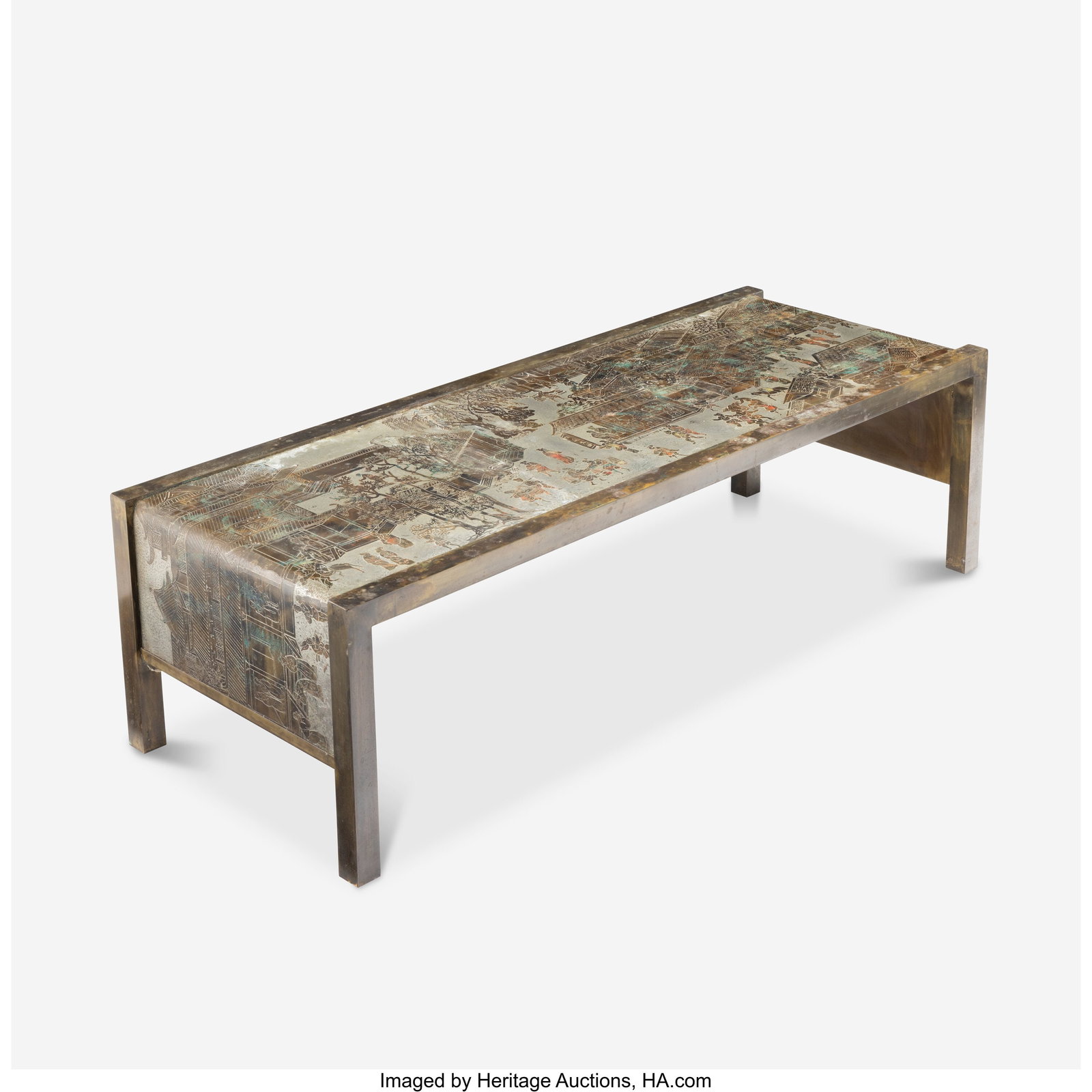 Philip and Kelvin LaVerne Spring Festival Coffee: Philip and Kelvin LaVerne Spring Festival Coffee Table, circa 1965 Engraved, patinated bronze and pewter with hand-painted enamels 16 x 53 x 20 inches (40.6 x 134.6 x 50