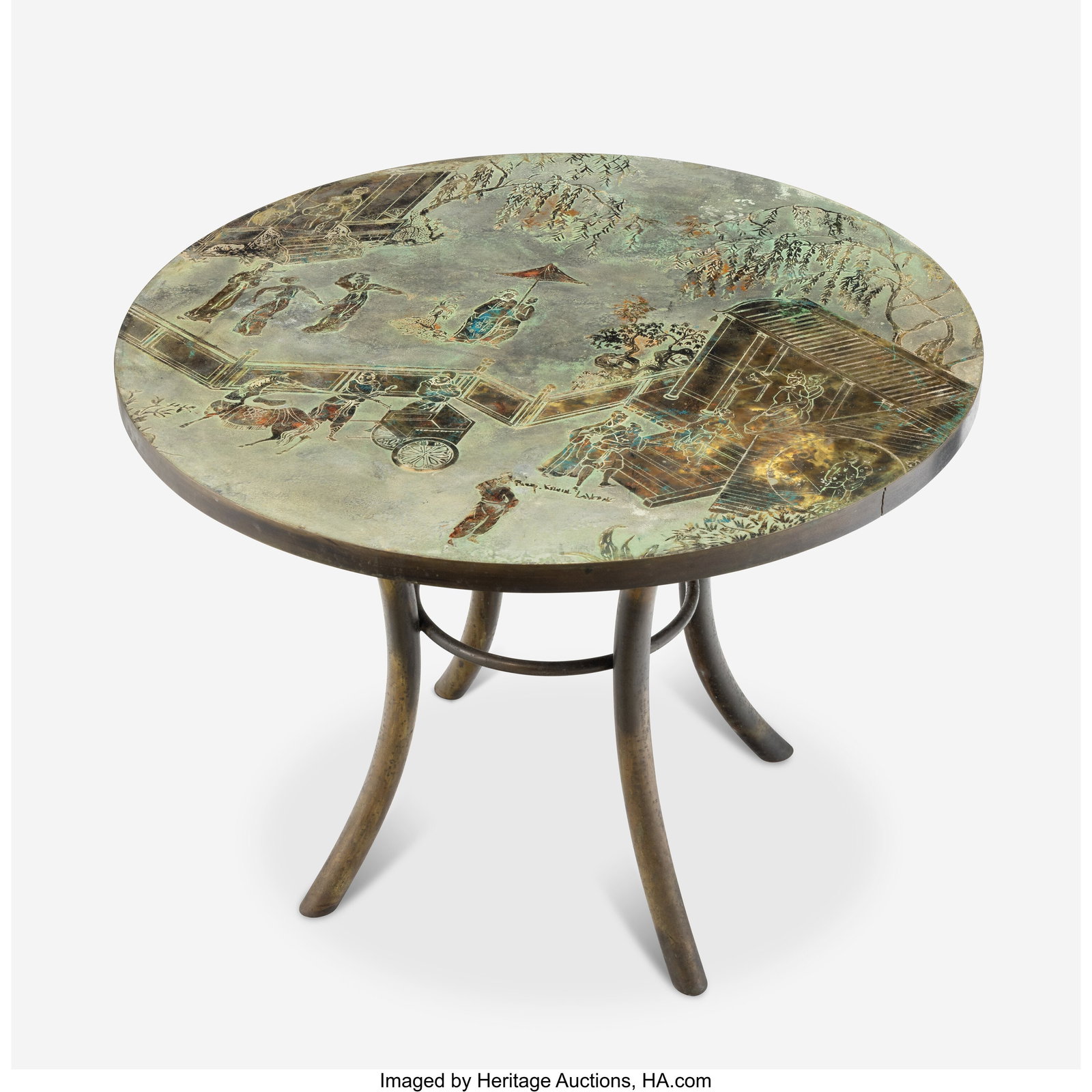 Philip and Kelvin LaVerne Tao Game Table, circa: Philip and Kelvin LaVerne Tao Game Table, circa 1960 Engraved, patinated bronze and pewter with hand-painted enamels 27 x 35 x 35 inches (68.6 x 88.9 x 88.9 cm&rp