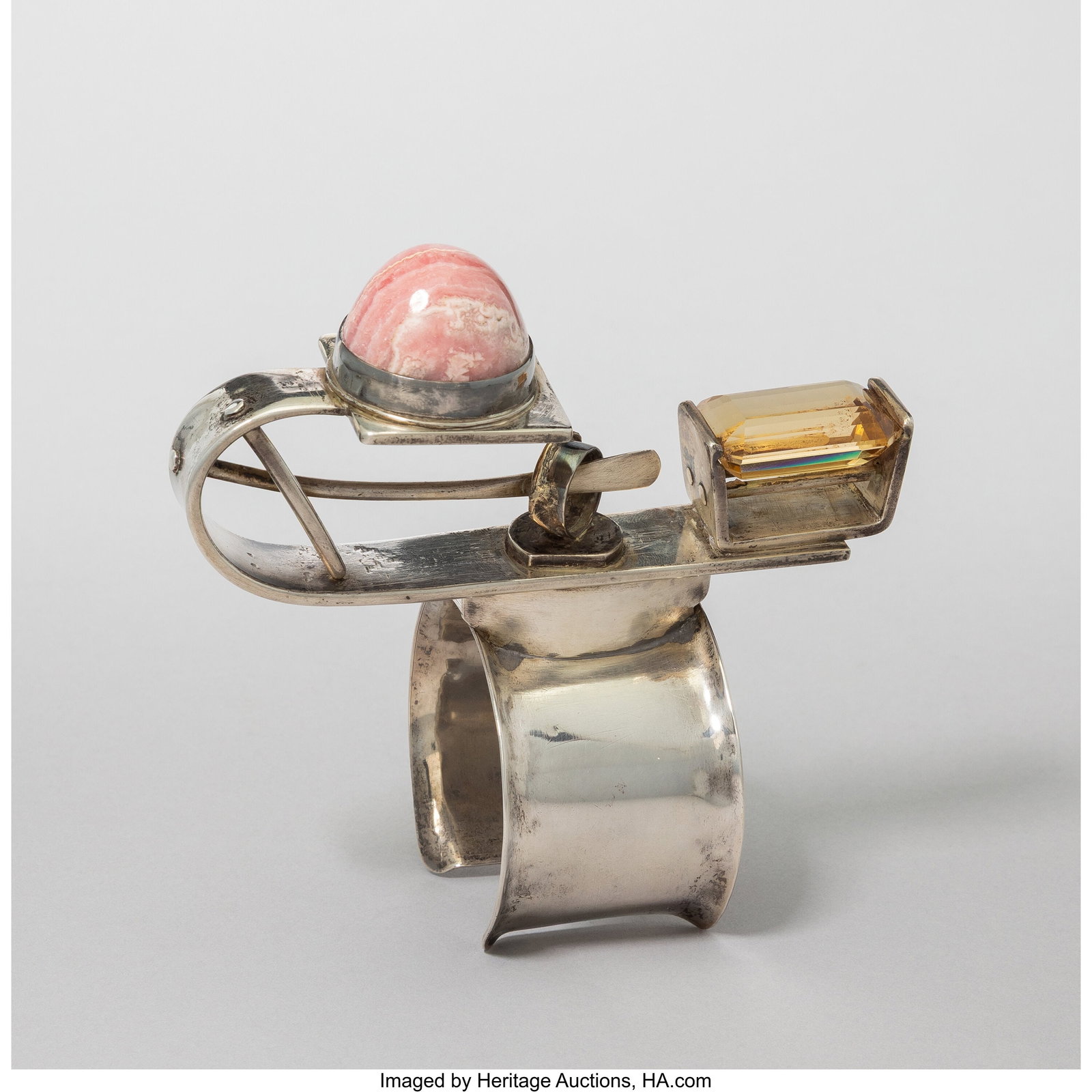Rolph Scarlett Cuff Bracelet, circa 1955 Silver,: Rolph Scarlett Cuff Bracelet, circa 1955 Silver, rhodochrosite, citrine Inner circumference: 6-3/4 inches (17.1 cm) Inscribed: Rolph Scarlett 292 gra