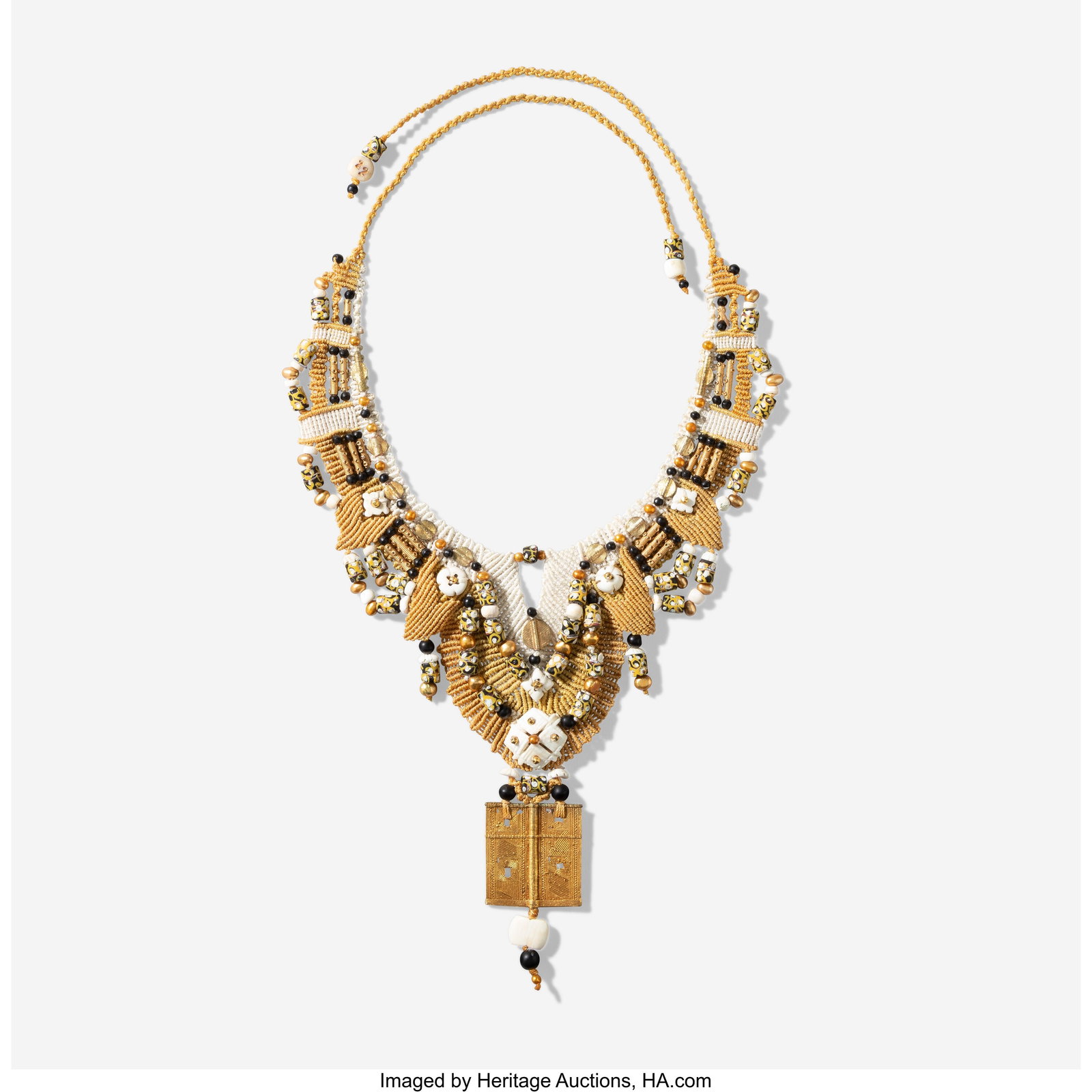 Barbara Natoli Witt Woven Necklace Cord, gold, g: Barbara Natoli Witt Woven Necklace Cord, gold, glass, shell Length, untied: 23 inches (58.4 cm) Impressed signature to end bead: B, 22 Barbar