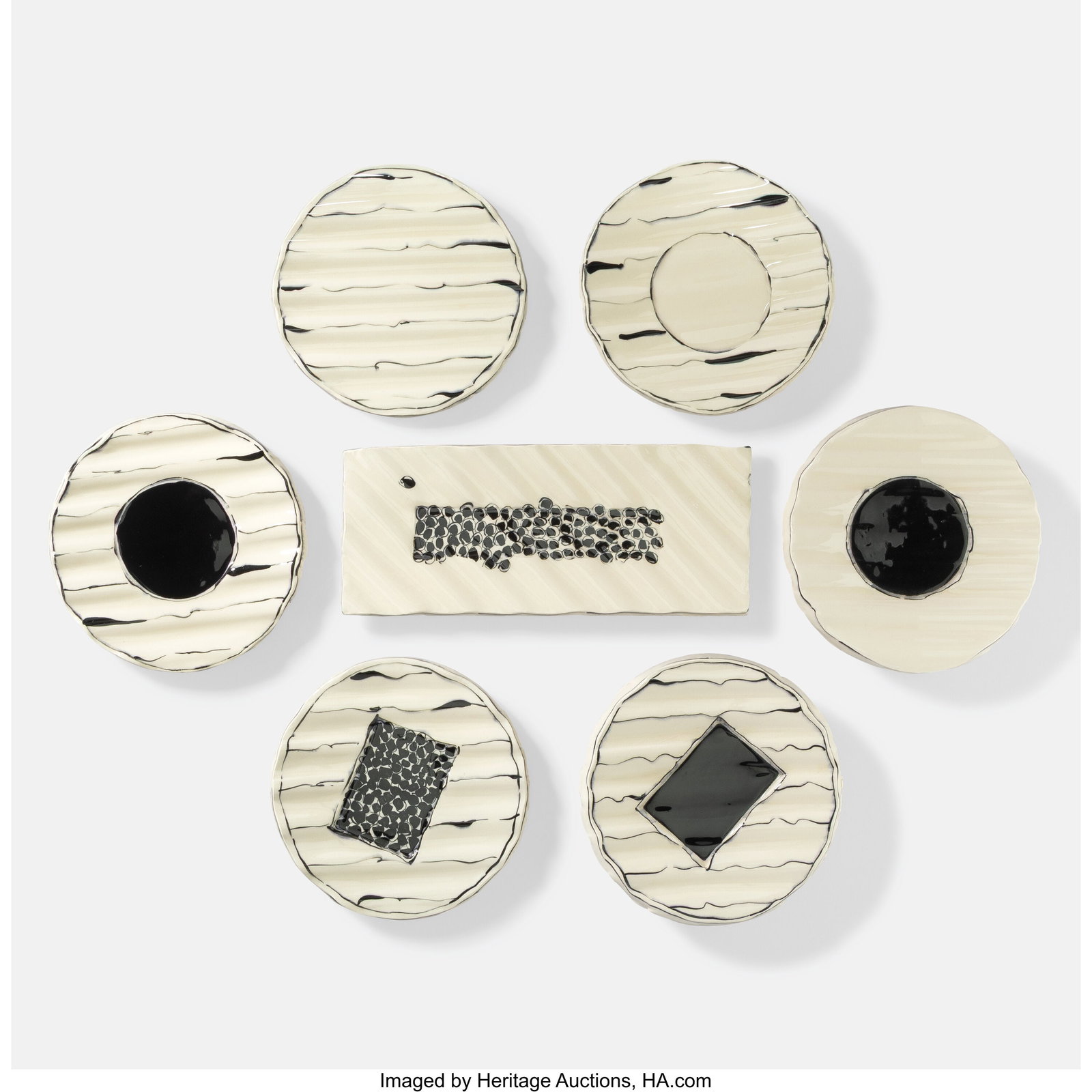 Mineo Mizuno Set of Six Plates and One Tray Glaz: Mineo Mizuno Set of Six Plates and One Tray Glazed porcelain 1-5/8 x 7-3/8 x 7-3/8 inches (4.1 x 18.7 x 18.7 cm) (plate, largest) Incised to