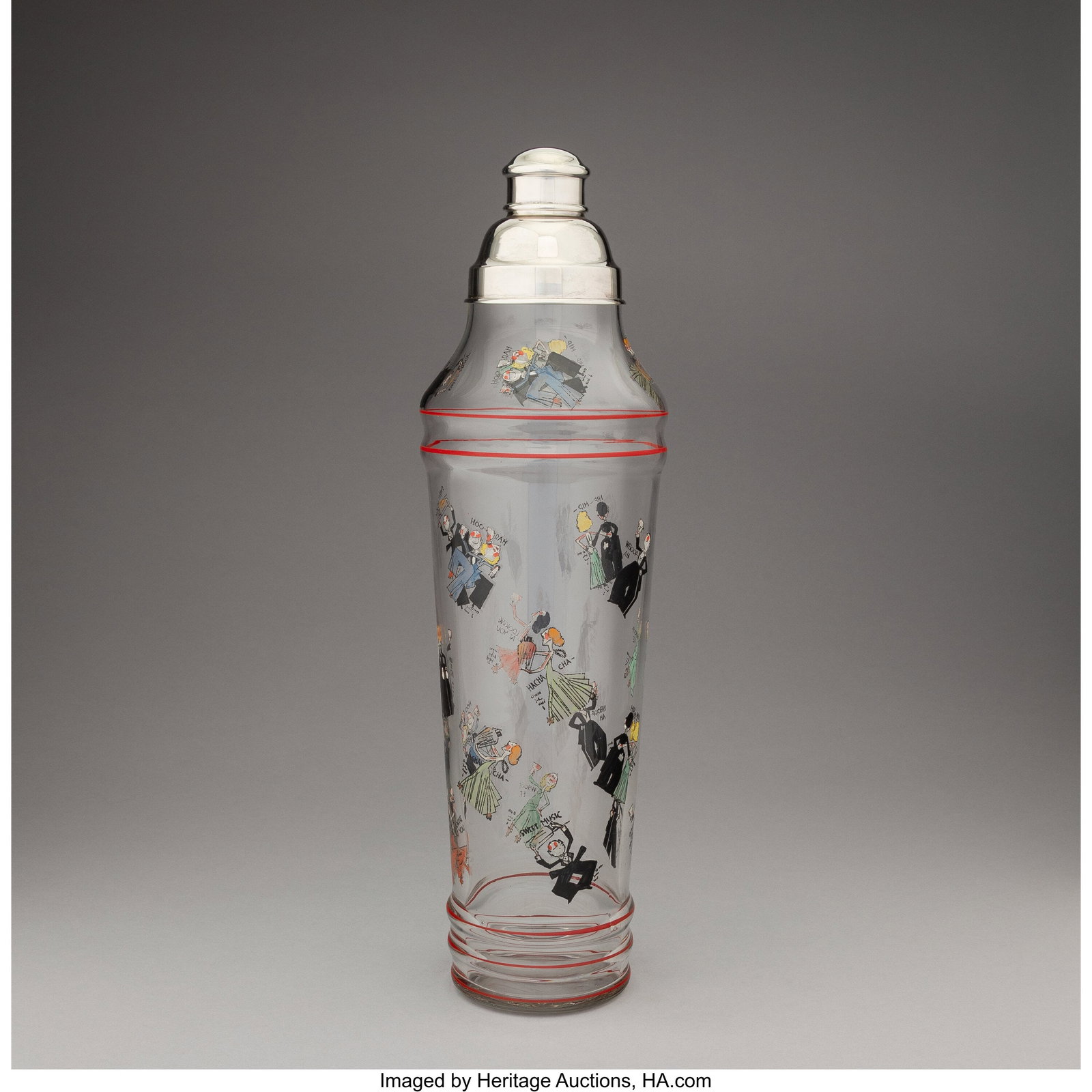 John Held, Jr. Large Cocktail Shaker, early 20th: John Held, Jr. Large Cocktail Shaker, early 20th century Painted glass, metal 18-3/4 x 5-1/2 inches (47.6 x 14.0 cm) Property from the Collecti