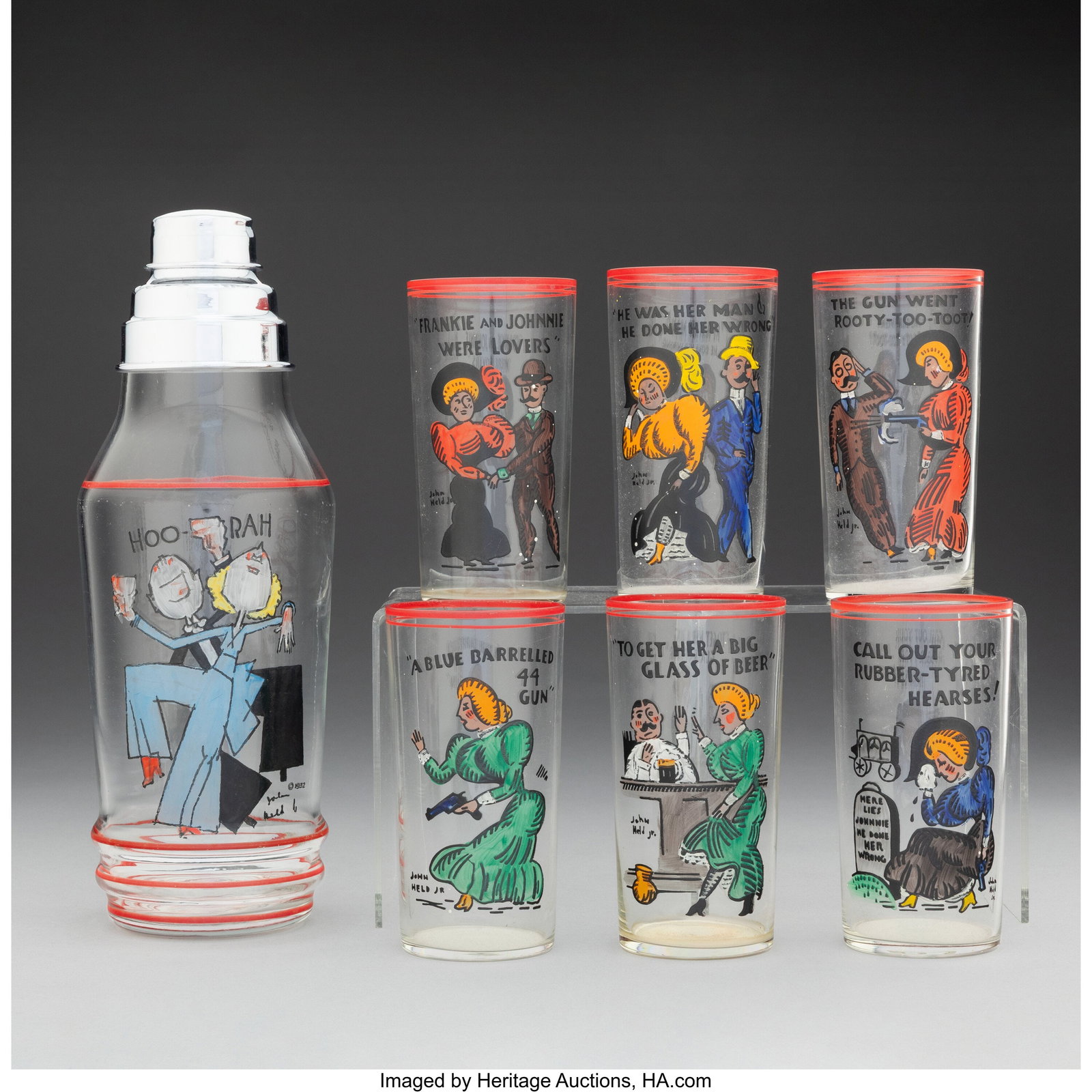 John Held, Jr. Cocktail Shaker with Six Cups, ci: John Held, Jr. Cocktail Shaker with Six Cups, circa 1932 Painted glass, silvered metal 11-1/4 x 4 inches (28.6 x 10.2 cm) (tallest, shak