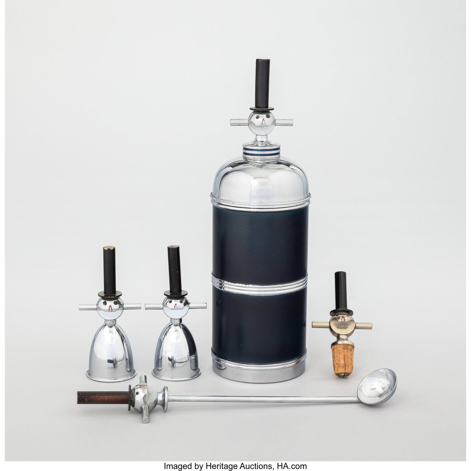 Steele & Johnson Mfg. Co. Jolly Old Topper Barw: Steele & Johnson Mfg. Co. Jolly Old Topper Barware Items, circa 1920-1933 Chrome-plated and enameled metal, cork 12 x 3-3/4 x 3-3/4 inches (30.5 x 9&p