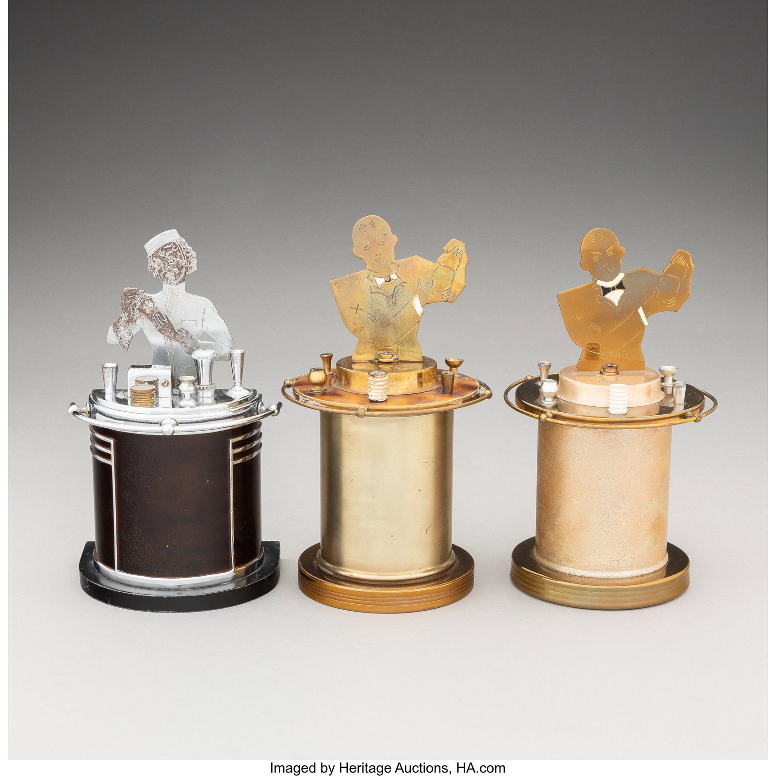 American Three Art Deco Smoking Accessories, ci: American Three Art Deco Smoking Accessories, circa 1935 Steel, enamel, brass, bakelite 8-1/8 x 4-1/2 inches (20.6 x 11.4 cm) (tallest&comma