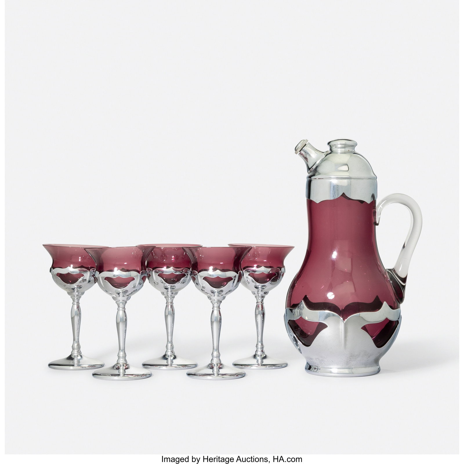 Farber Bros. Six-Piece Drink Set, circa 1930s Ch: Farber Bros. Six-Piece Drink Set, circa 1930s Chromed metal, glass 10-3/4 x 5 x 6 inches (27.3 x 12.7 x 15.2 cm) (tallest, shaker)