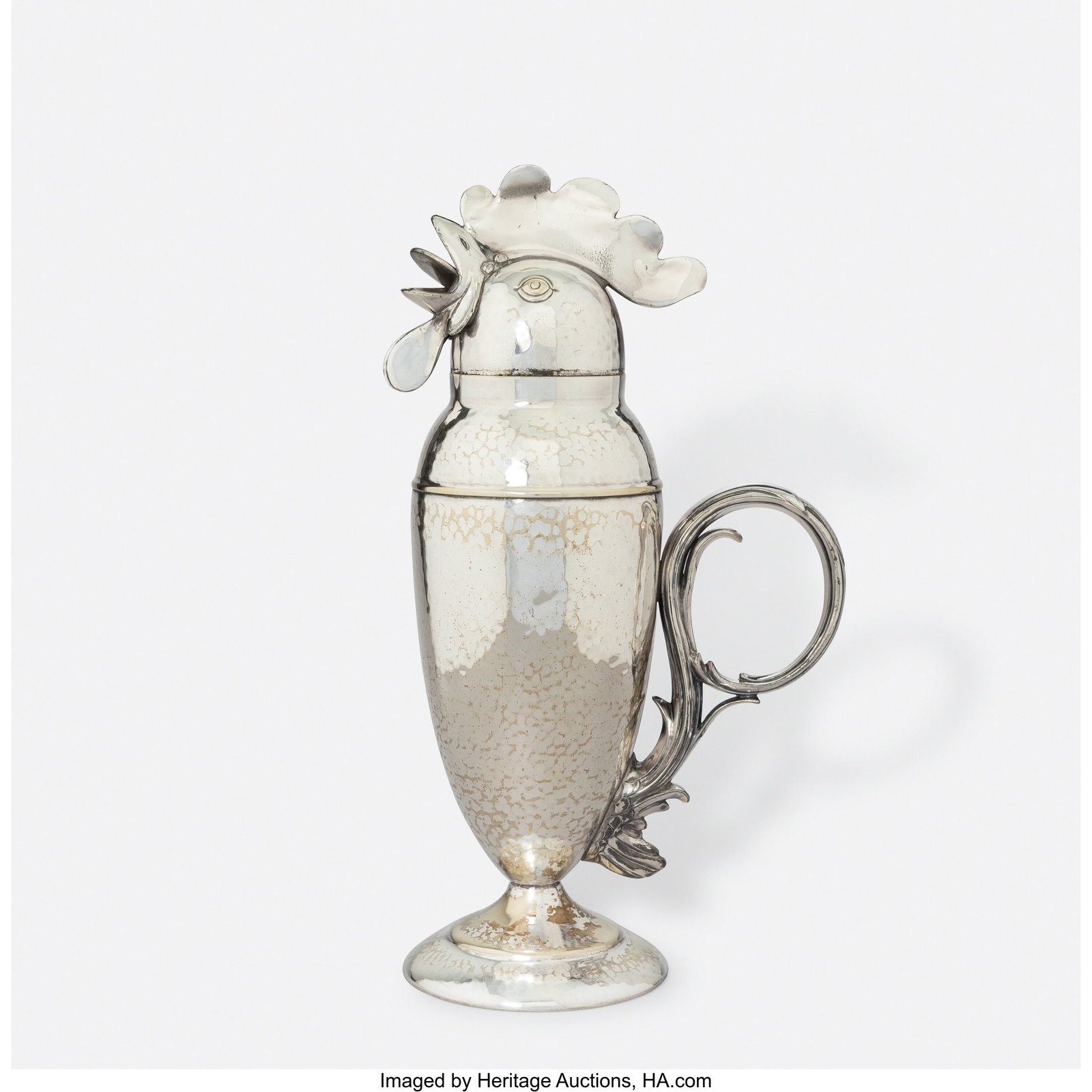 Wallace Bros. Silver Company Rooster-Form Cockta: Wallace Bros. Silver Company Rooster-Form Cocktail Shaker, circa 1928 Silver-plated metal 14-3/4 x 4-3/4 x 8 inches (37.5 x 12.1 x 20.3 cm) Impresse
