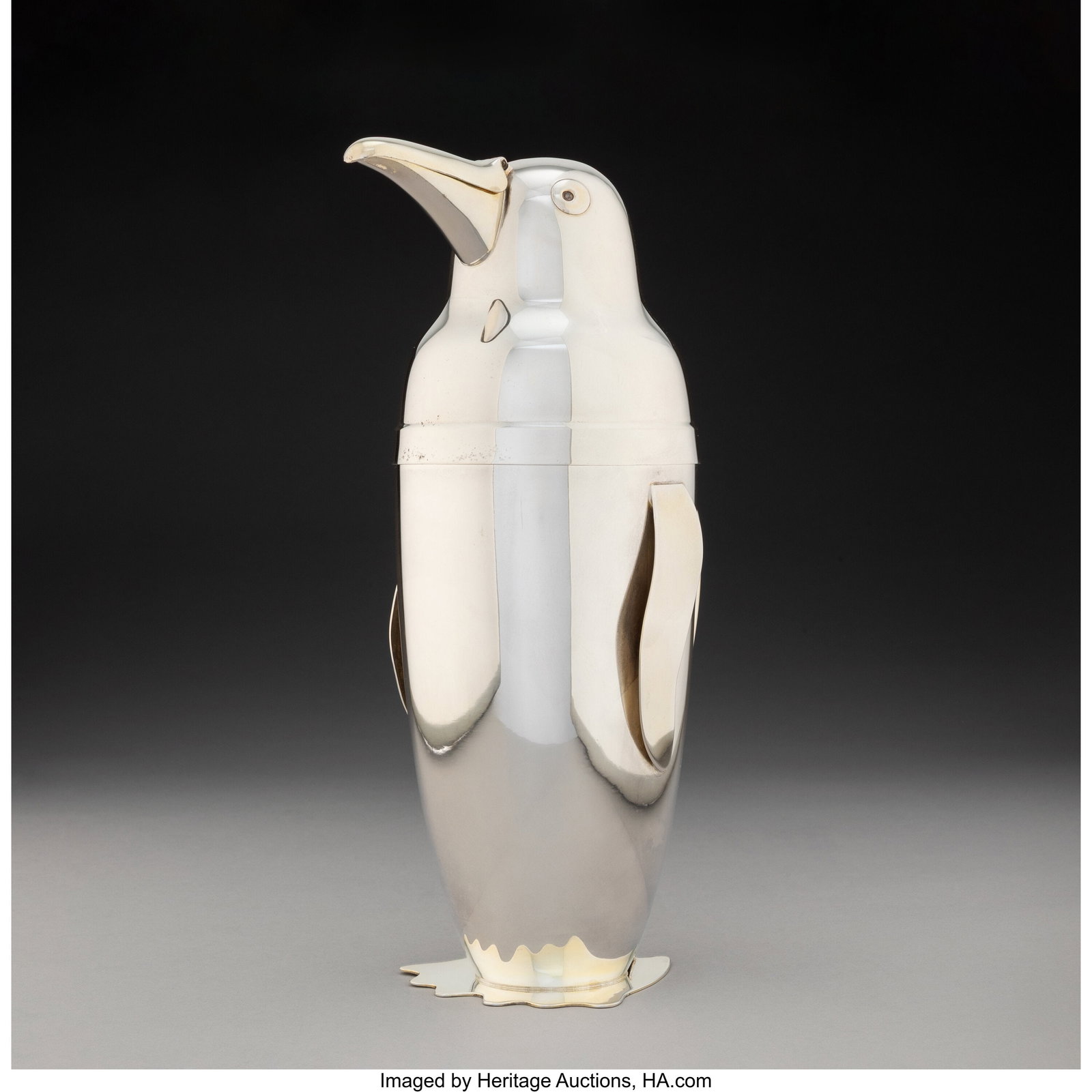 Emil A. Schuelke for Napier Company Penguin Cock: Emil A. Schuelke for Napier Company Penguin Cocktail Shaker, circa 1936 Silver-plated metal 12-1/2 x 5 x 7 inches (31.8 x 12.7 x 17.8 cm) Impressed to u