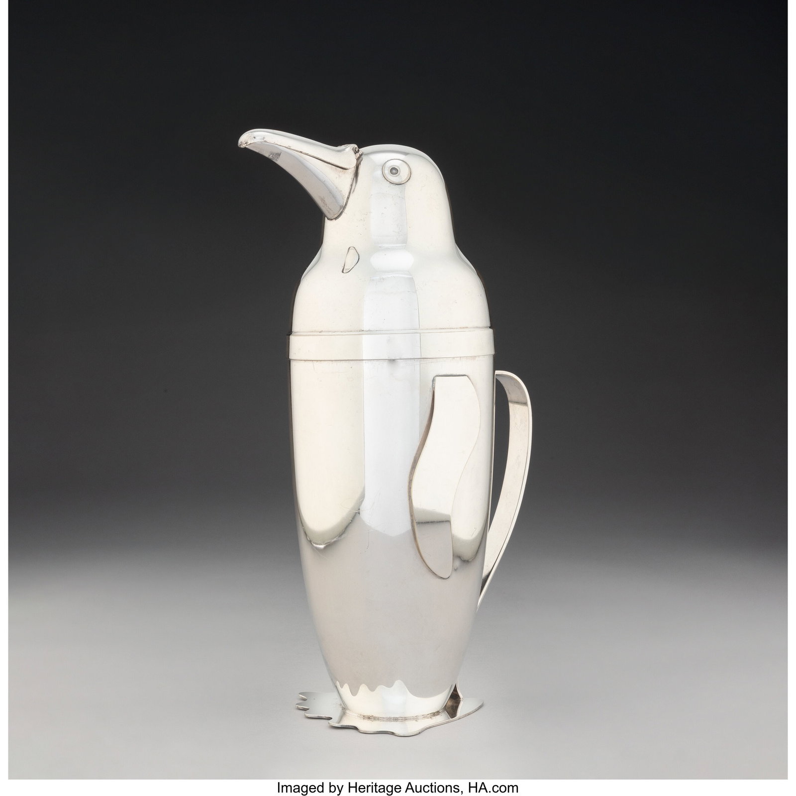 Emil A. Schuelke for Napier Company Penguin Cock: Emil A. Schuelke for Napier Company Penguin Cocktail Shaker, circa 1936 Silver-plated metal 12-1/2 x 5 x 7 inches (31.8 x 12.7 x 17.8 cm) Impressed to u