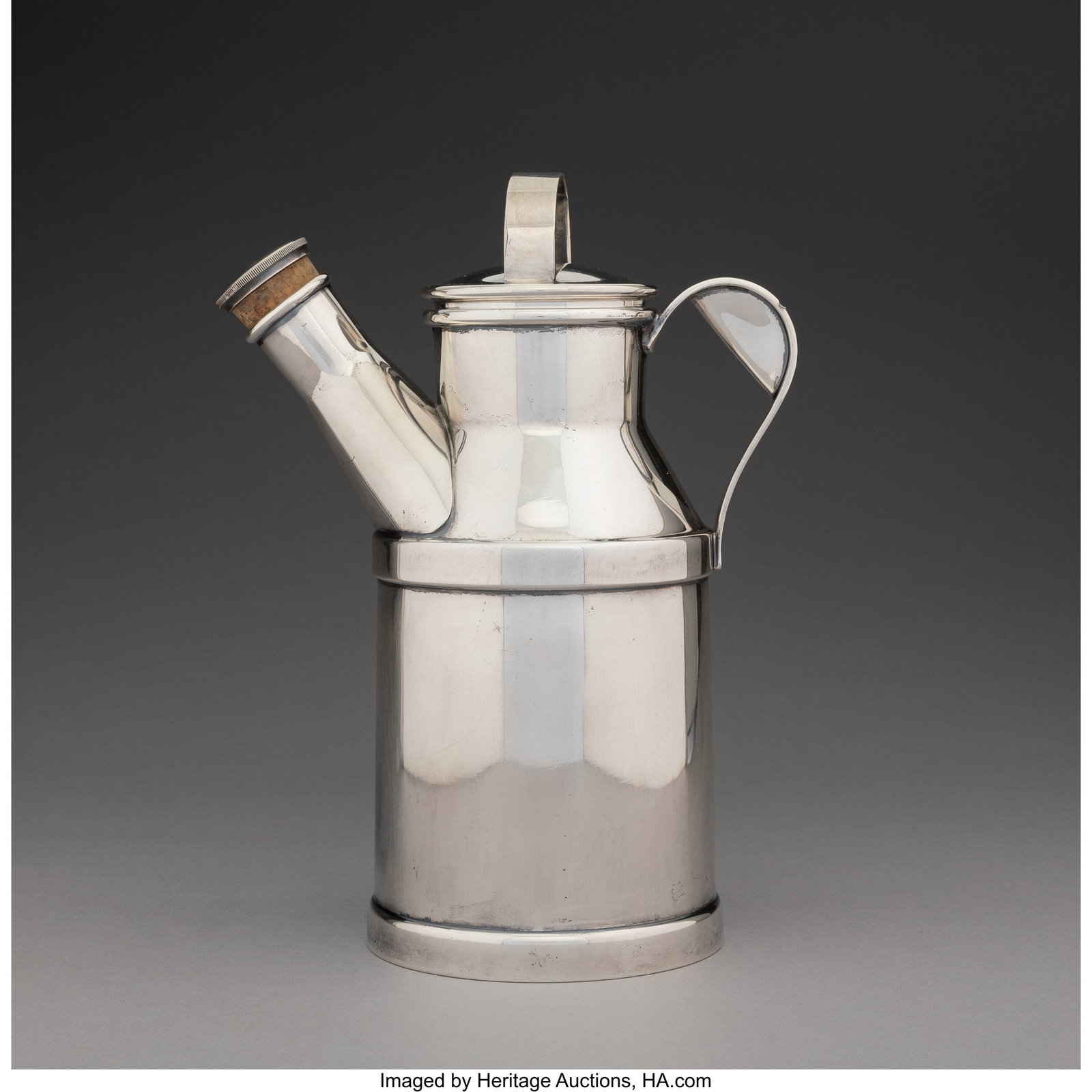 Reed & Barton Milk Can Cocktail Shaker, 1941 Sil: Reed & Barton Milk Can Cocktail Shaker, 1941 Silver-plated metal, cork 10-3/4 x 8 x 5 inches (27.3 x 20.3 x 12.7 cm) Stamped to underside: THE