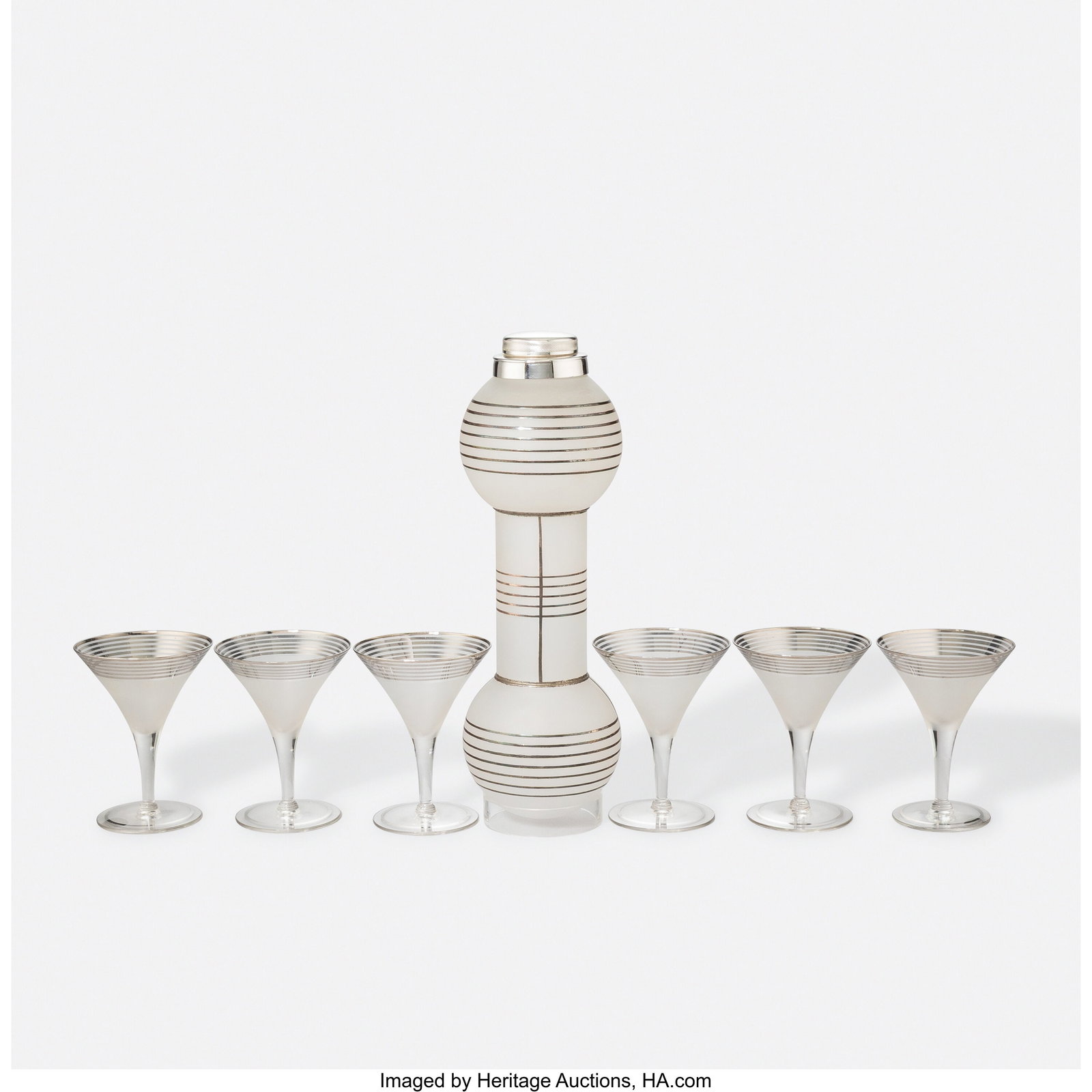 American Seven-Piece Dumbbell Cocktail Set, cir: American Seven-Piece Dumbbell Cocktail Set, circa 1937 Frosted glass, sterling silver 12 x 4 x 4 inches (30.5 x 10.2 x 10.2 cm) (tallest) LITERATUR