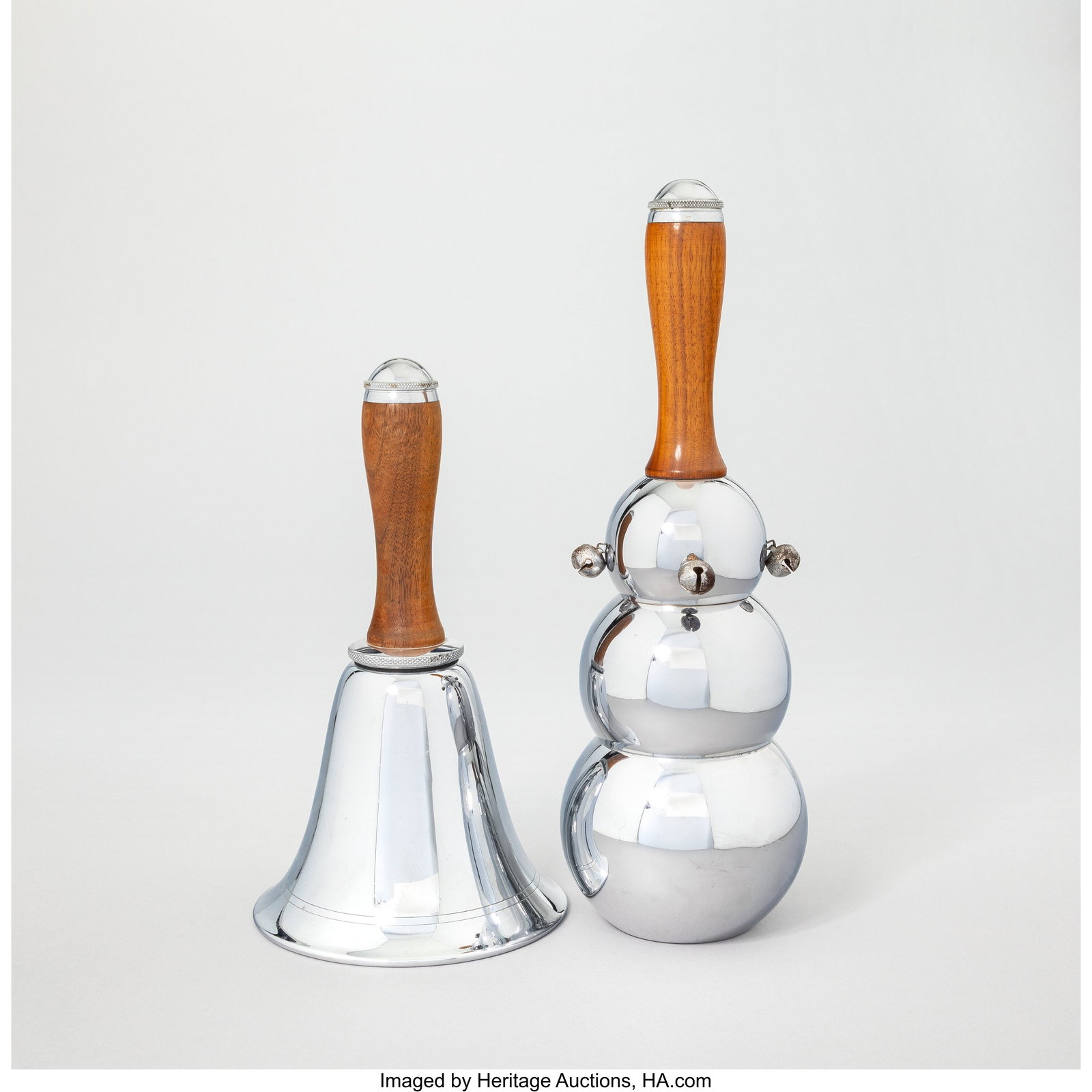 American Two Bell-Form Cocktail Shakers, circa 1: American Two Bell-Form Cocktail Shakers, circa 1935 Chrome-plated metal, wood 14-1/4 x 4-5/8 x 4-5/8 inches (36.2 x 11.7 x 11.7 cm) (tallest
