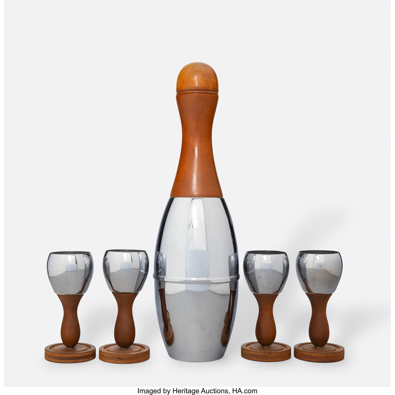 Hamacher-Schlemmer Five-Piece Bowling Pin Cockta: Hamacher-Schlemmer Five-Piece Bowling Pin Cocktail Set, circa 1938 Chromed metal, maple wood 15-1/4 x 4-1/2 inches (38.7 x 11.4 cm) (tallest, sha