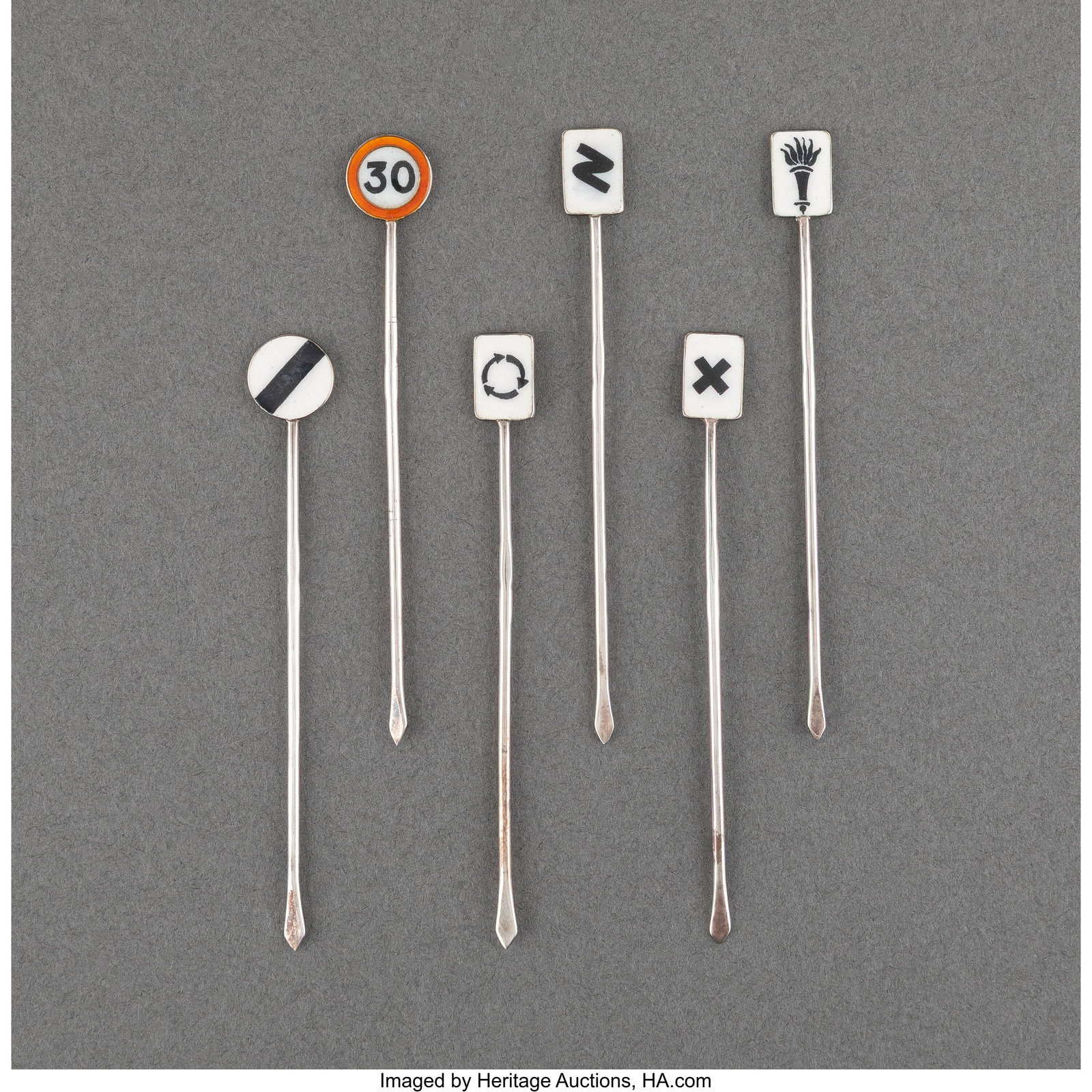 S. Blanckensee & Son Ltd. Set of Six Olive Picks: S. Blanckensee & Son Ltd. Set of Six Olive Picks with Original Fitted Case, 1935 Enameled silver 3-1/4 inches (8.3 cm) (each) Impressed: