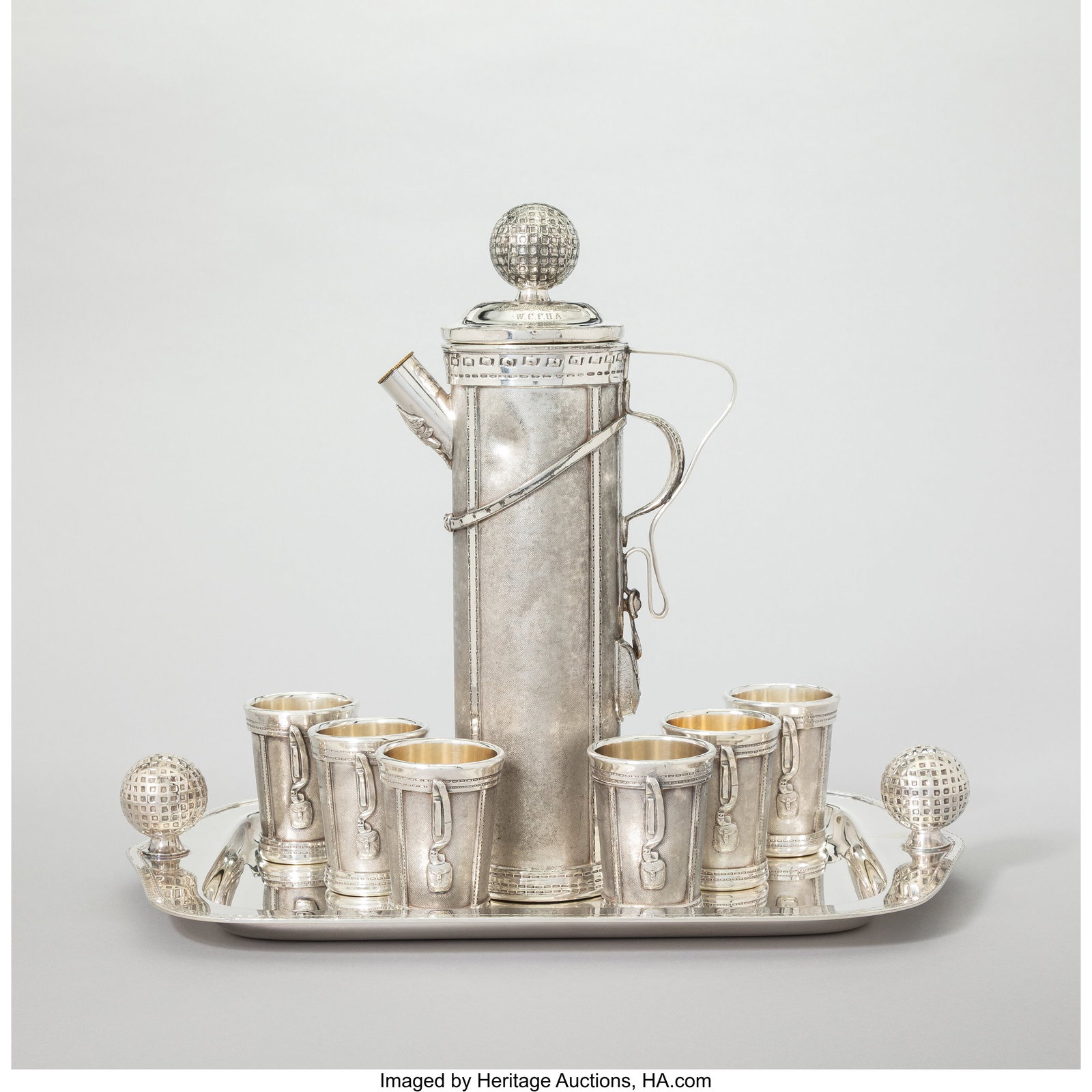 George H. Berry for Derby Silver Company Golf B: George H. Berry for Derby Silver Company Golf Bag Cocktail Set, circa 1925 Silver-plated metal 2-5/8 x 15-1/2 x 9-7/8 inches (6.7 x 39.4 x 25.1 cm&rp