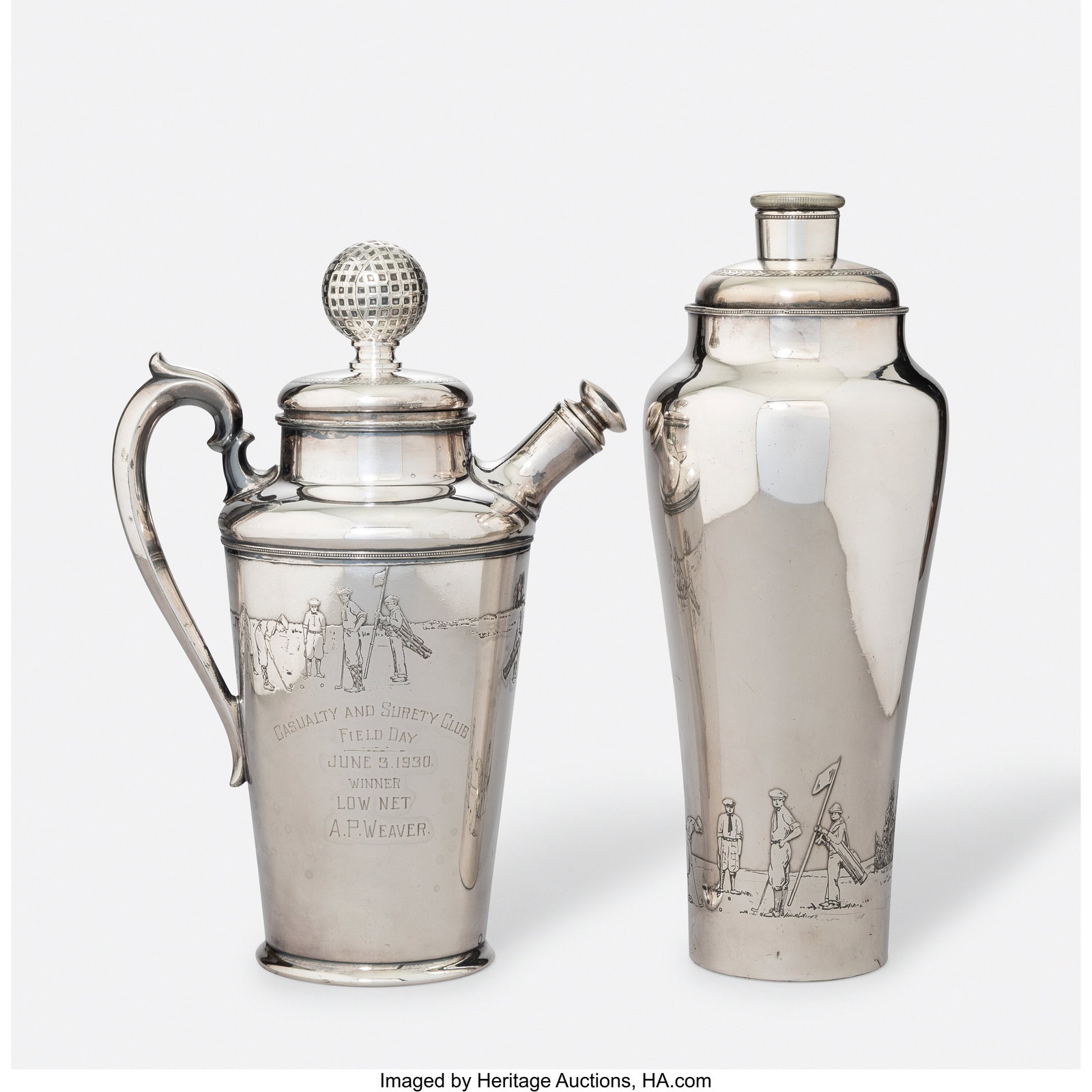 Meriden Silver Plate Co. Two Golf Trophy Cockta: Meriden Silver Plate Co. Two Golf Trophy Cocktail Shakers, circa 1930 Silver-plated metal 12-1/4 x 4-7/8 x 4-7/8 inches (31.1 x 12.4 x 12.4 cm)