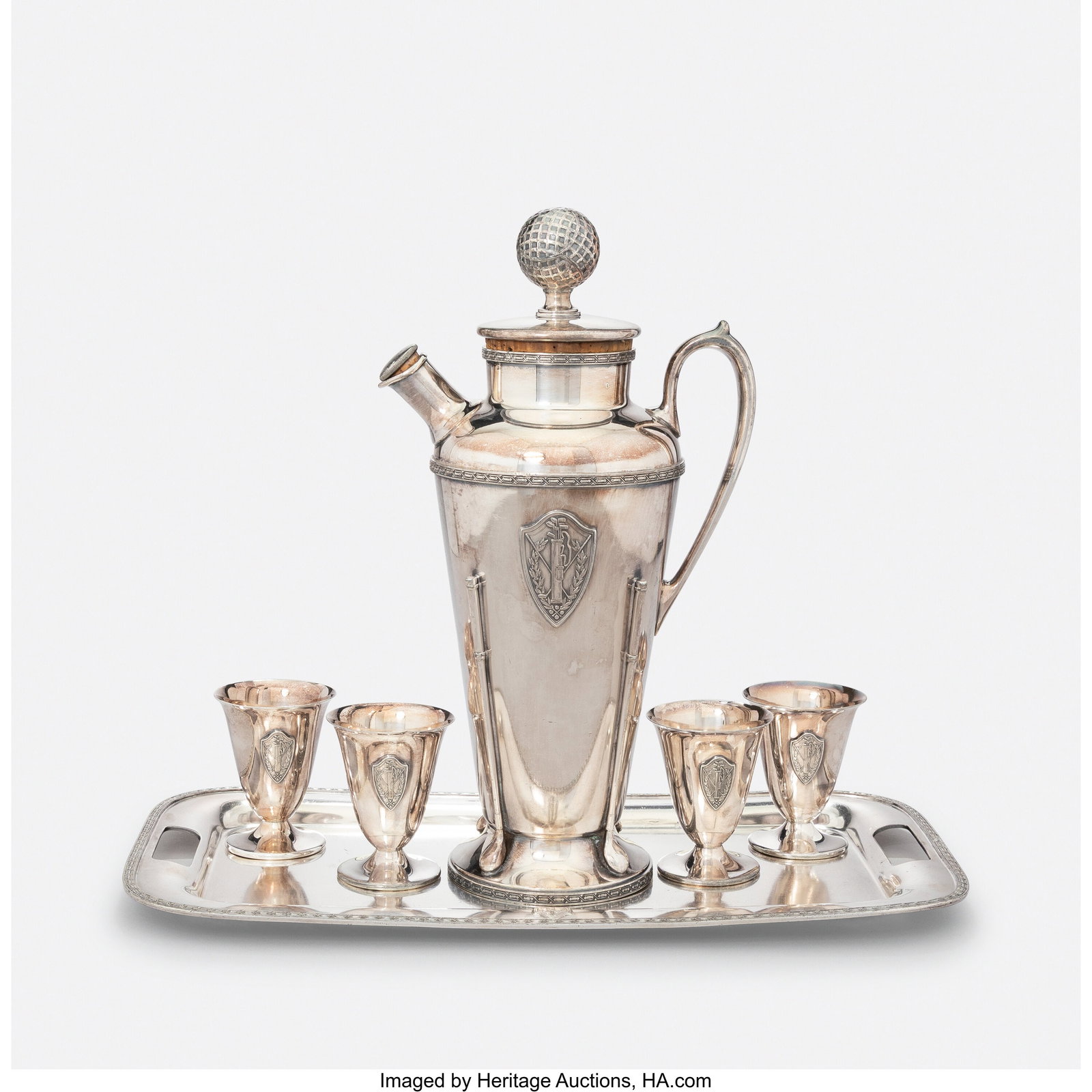 Wallace Bros. Silver Company Six-Piece Golf Cock: Wallace Bros. Silver Company Six-Piece Golf Cocktail Set, circa 1920s Silver-plated metal 13-1/2 x 5 x 7-1/2 inches (34.3 x 12.7 x 19.1 cm) (ta