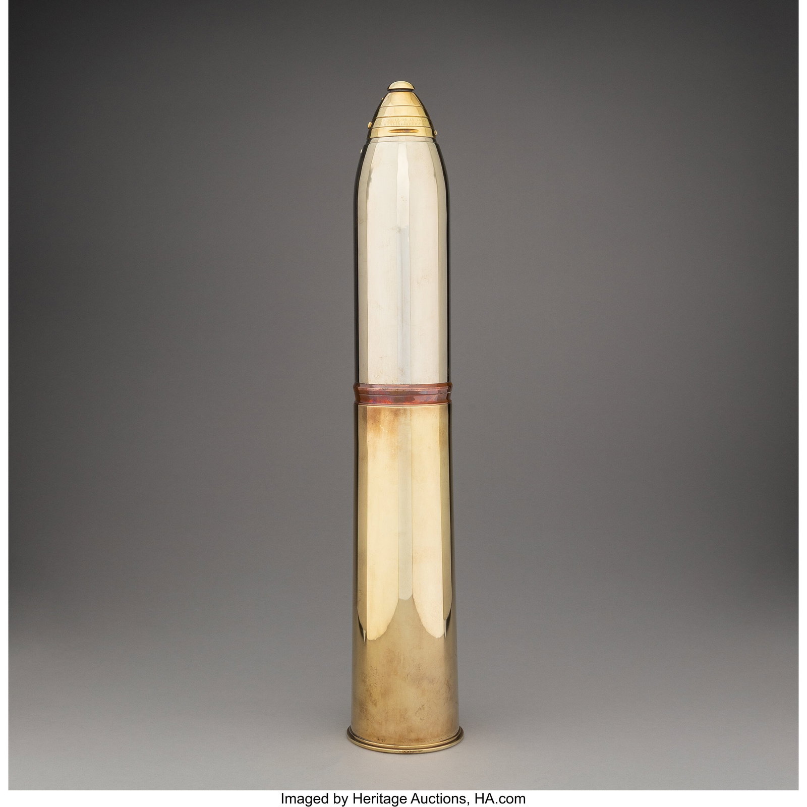 Gorham Mfg. Co. Artillery Shell Cocktail Shaker,: Gorham Mfg. Co. Artillery Shell Cocktail Shaker, circa 1915 Silver-plated metal, brass, copper 22-1/2 x 3-3/8 inches (57.1 x 8.6 cm) Imp