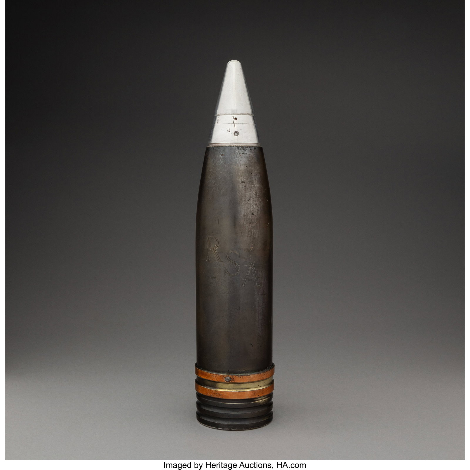 Art Deco Artillery Shell Decanter, circa 1935 Me: Art Deco Artillery Shell Decanter, circa 1935 Metal, glass 16-1/8 x 3-1/2 inches (41.0 x 8.9 cm) Monogram: RSA LITERATURE: S. Visakay&com