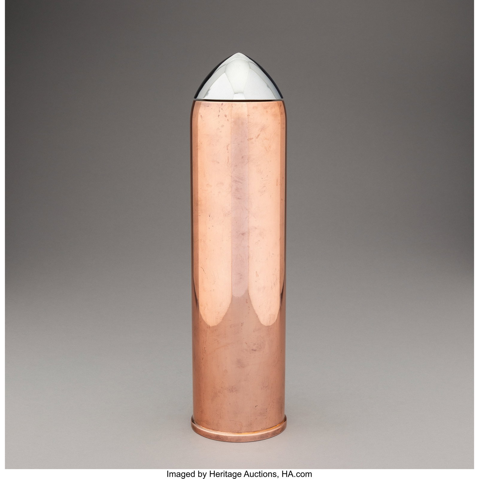 American Bullet-Form Cocktail Shaker, circa 1930: American Bullet-Form Cocktail Shaker, circa 1930 Chrome, copper 14 x 3-3/4 inches (35.6 x 9.5 cm) Marked to underside: PATENTED LITERATURE: S&period