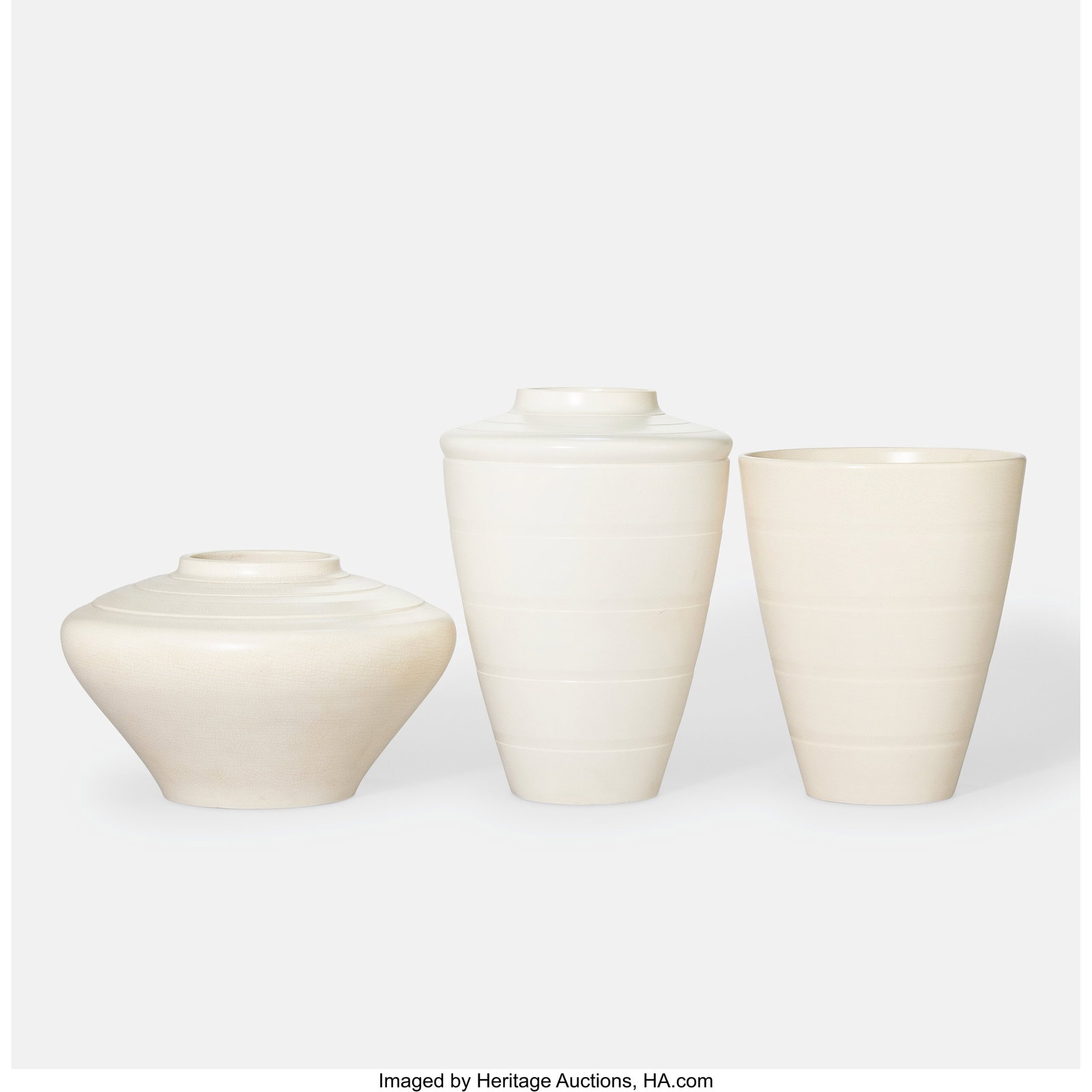 Keith Day Pearce Murray Three Vases, circa 1936: Keith Day Pearce Murray Three Vases, circa 1936 Wedgwood Moonstone-glazed ceramic 12-1/8 x 8-1/4 inches (30.8 x 21.0 cm) (tallest, shouldered vase&rpar